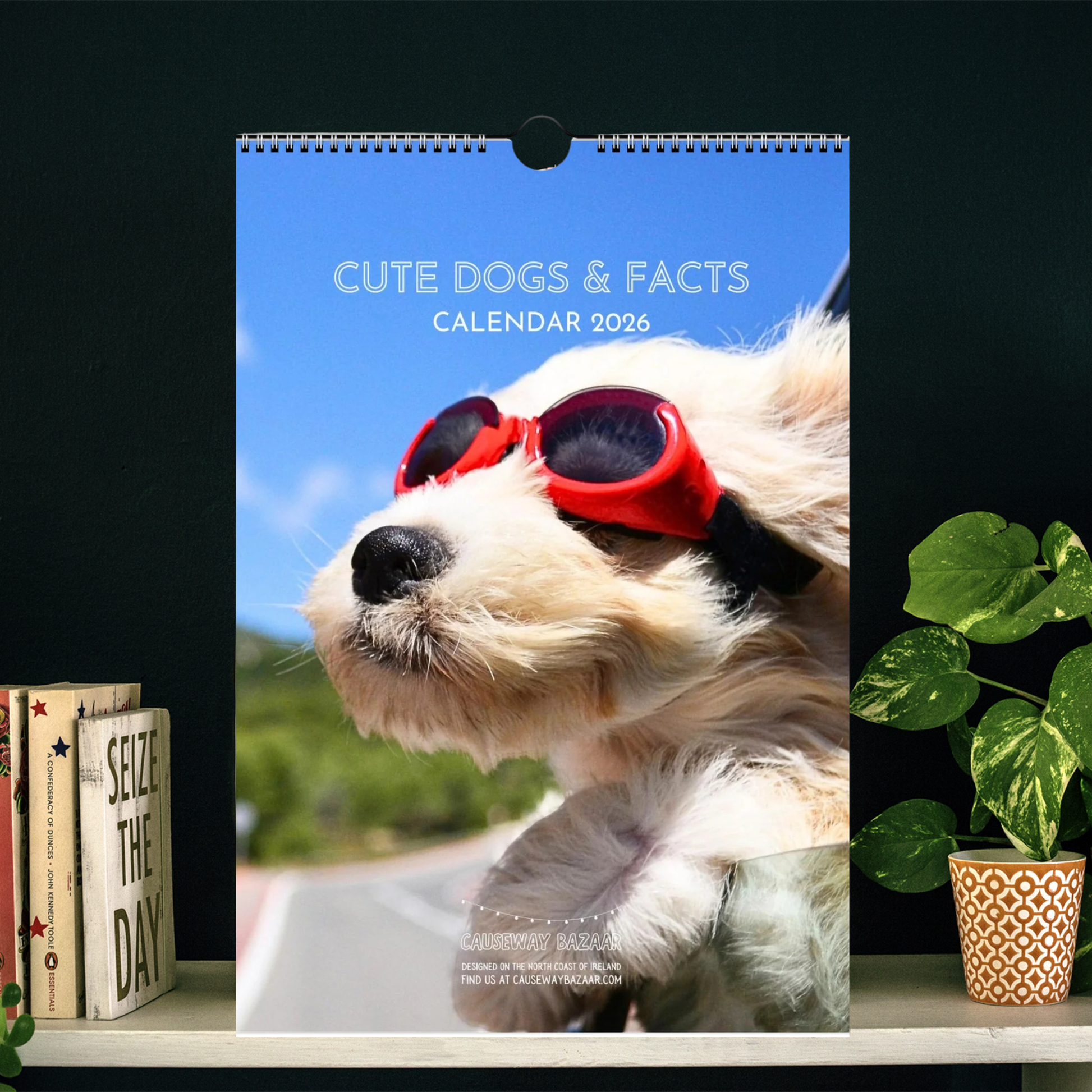 Dogs Calendar 2026 cover image featuring a dog wearing sunglasses on a shelf with books and a plant.