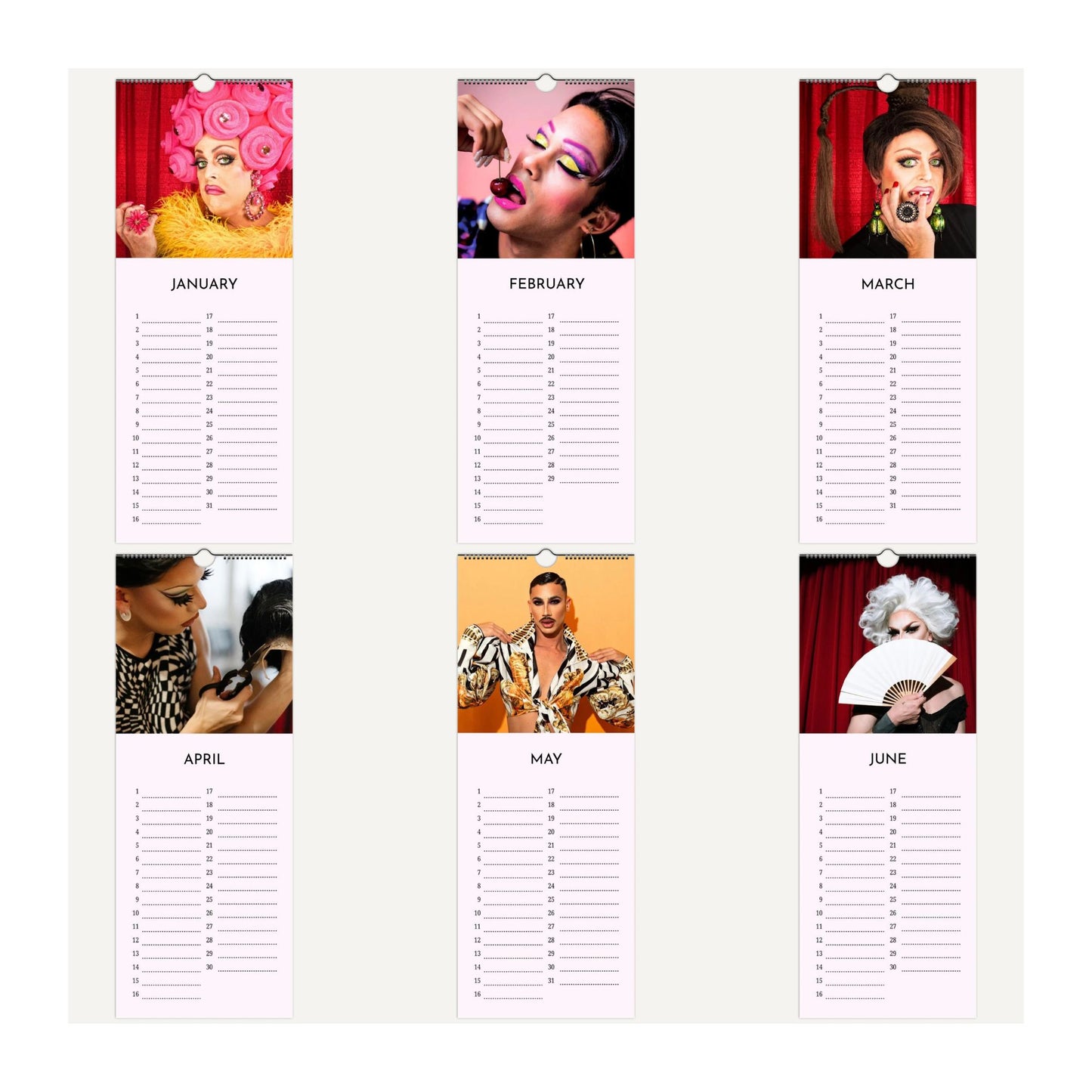 Drag Queens calendar with January to June image thumbnails on a white background