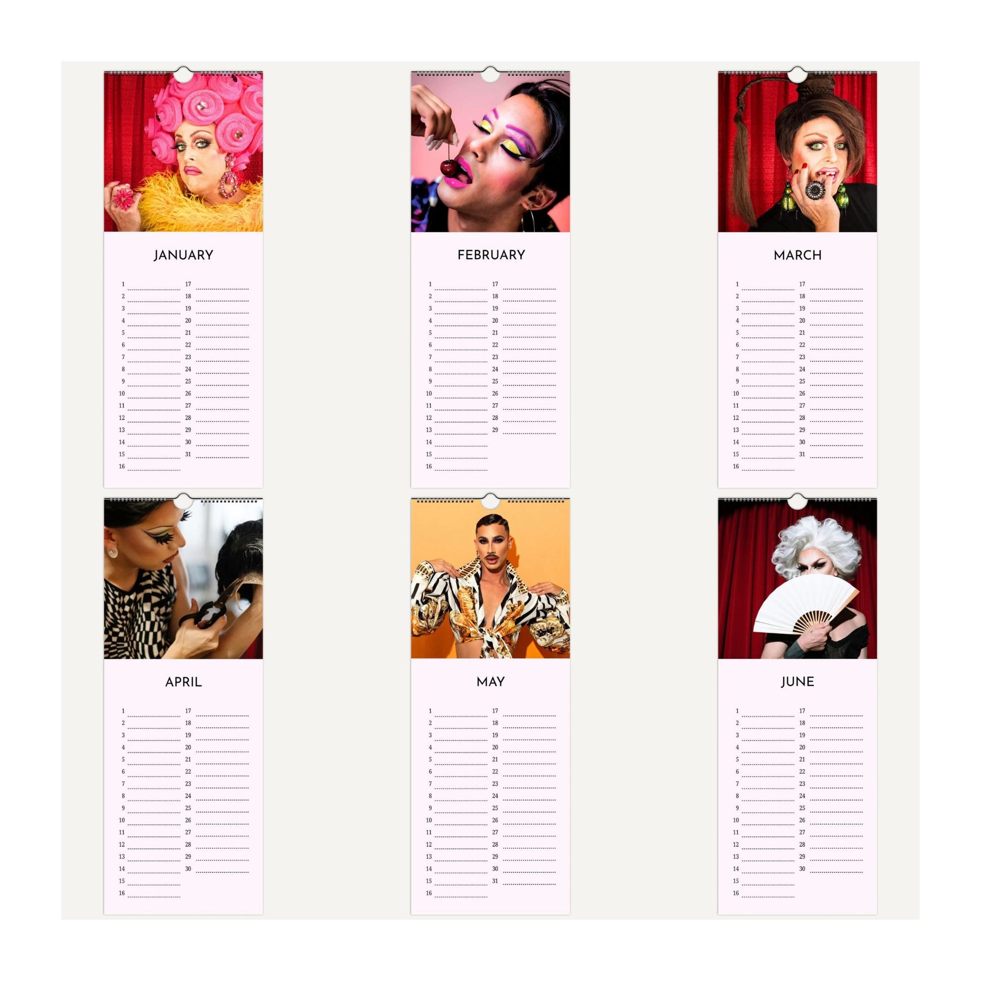 Drag Queens calendar with January to June image thumbnails on a white background