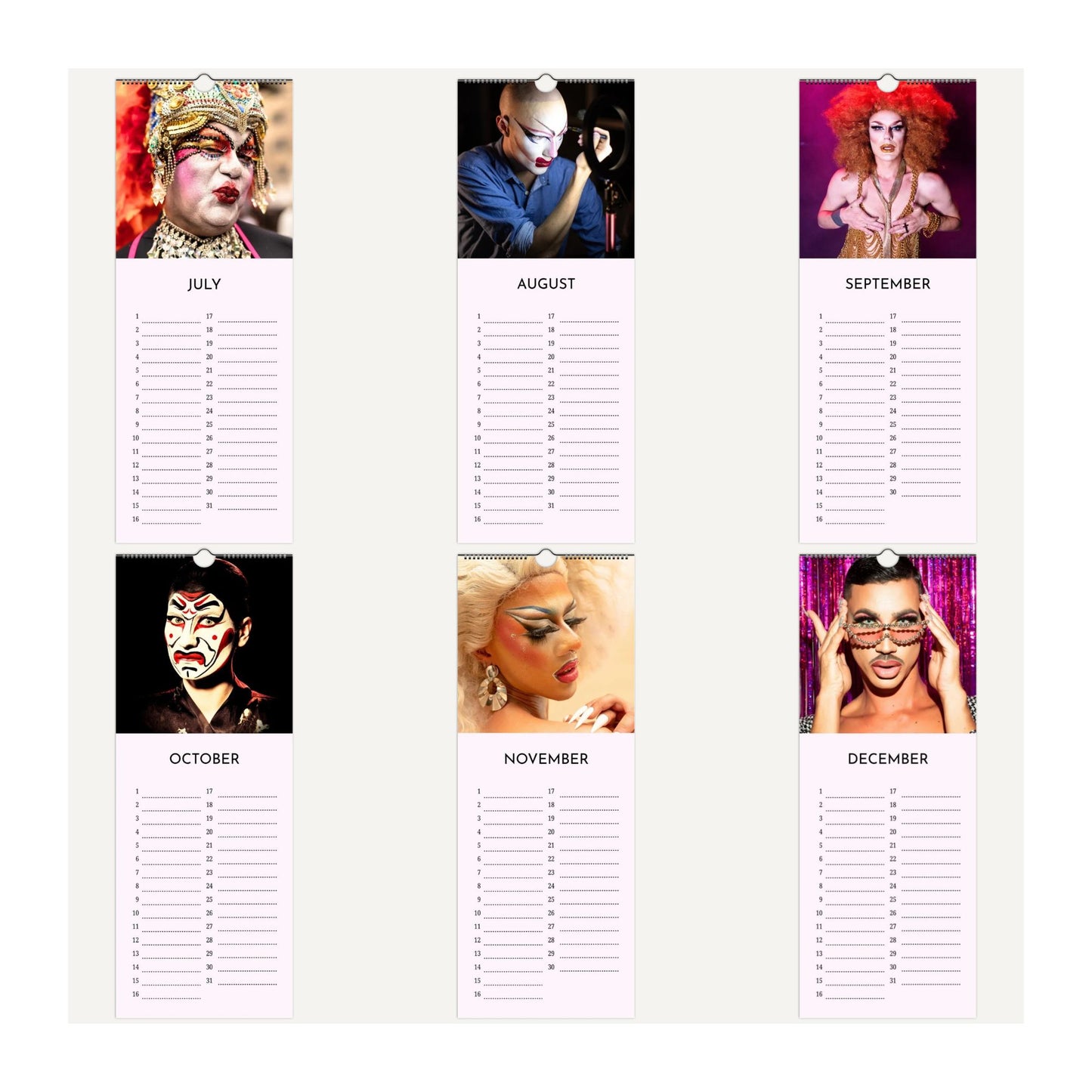 Drag Queens calendar with July to December image thumbnails on a white background