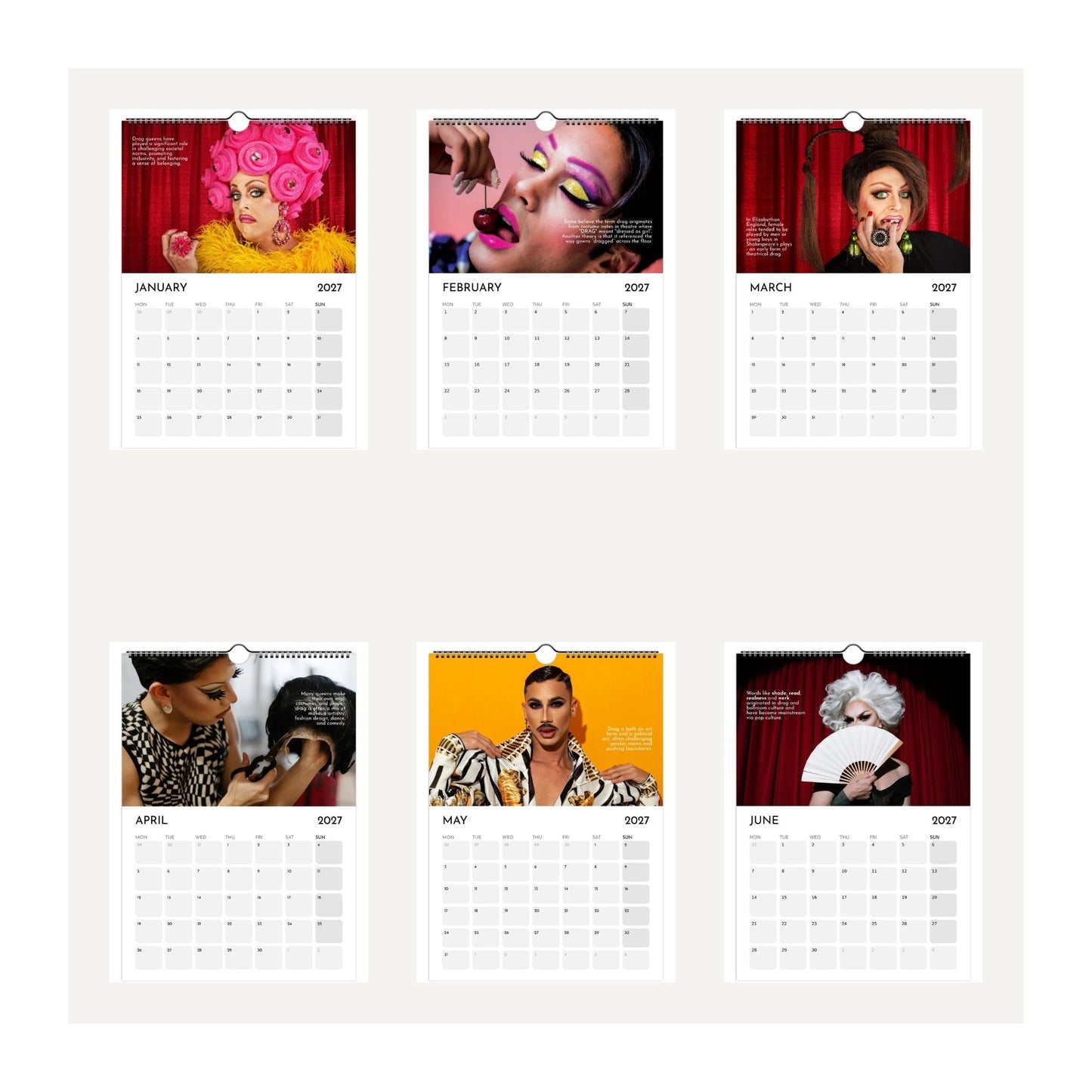 Thumbnail images of January to June 2027 arranged in a 2x3 grid on a light beige background. Each image shows a different drag queen portrait with colourful makeup and costume imagery above a monthly calendar layout labeled January through June 2027.