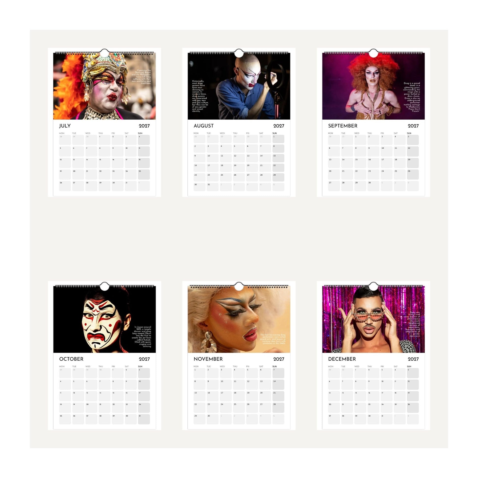 Thumbnail images of July to December 2027 arranged in a 2x3 grid on a light beige background. Each image shows a different drag queen portrait with colourful makeup and costume imagery above a monthly calendar layout labeled July through December 2027.