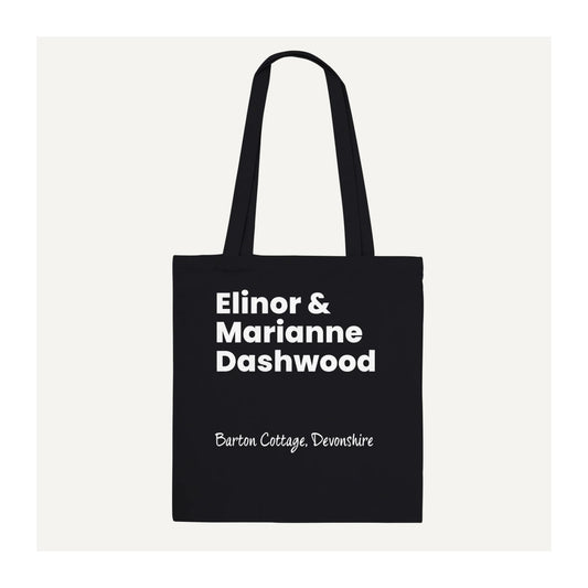 Black Sense and Sensibility tote bag featuring Elinor & Marianne Dashwood in bold white lettering with Barton Cottage, Devonshire beneath. Minimalist Jane Austen literary tote inspired by the Dashwood sisters, designed for book lovers, classic literature readers and fans of Sense and Sensibility.