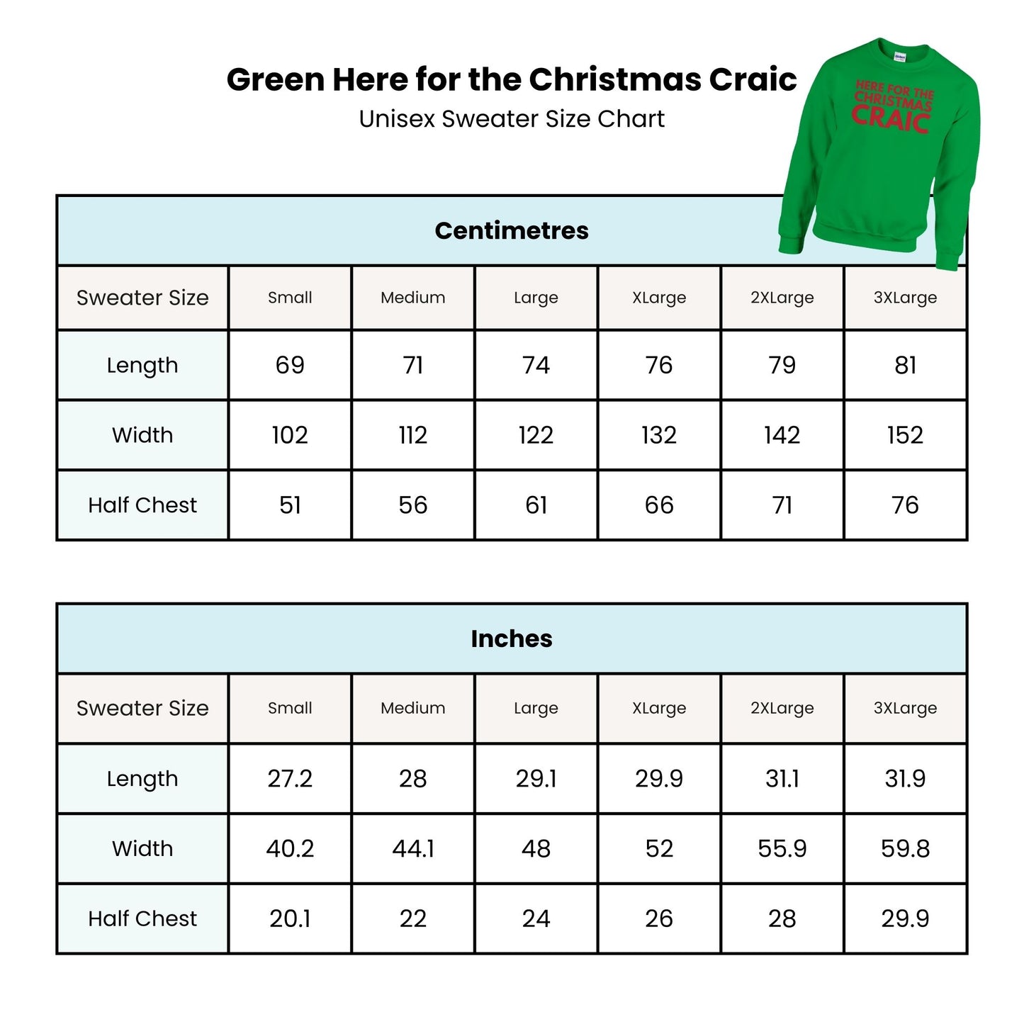 Unisex sweater size chart with green sweater labeled 'Craic' on a white background