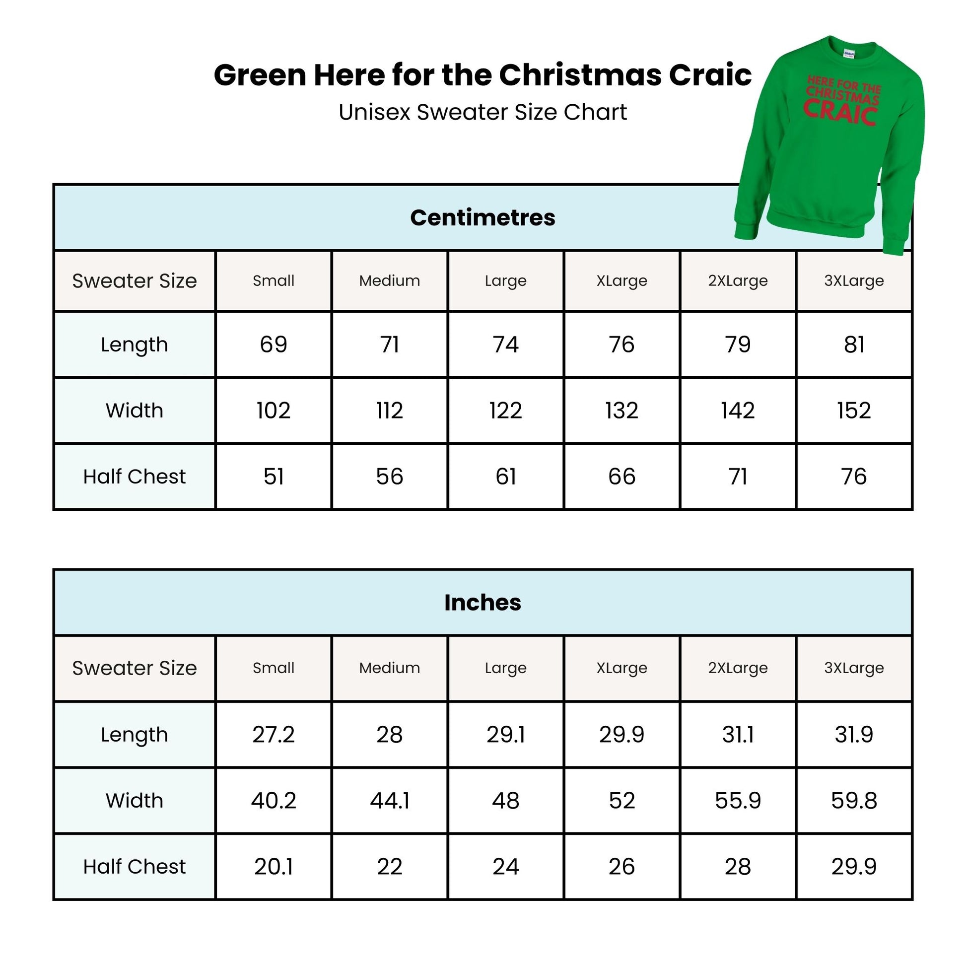 Unisex sweater size chart with green sweater labeled 'Craic' on a white background