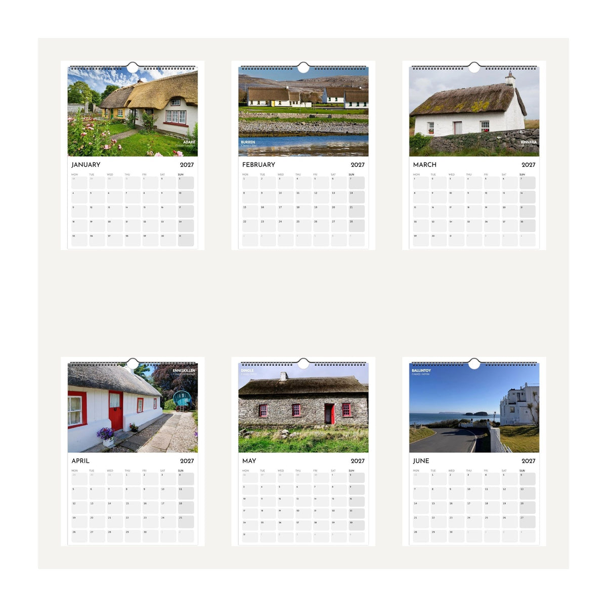 Irish Cottages Calendar 2027 January to June pages featuring traditional cottages in Adare, the Burren, Kinvara, Enniskillen, Dingle and Ballintoy across Ireland.
