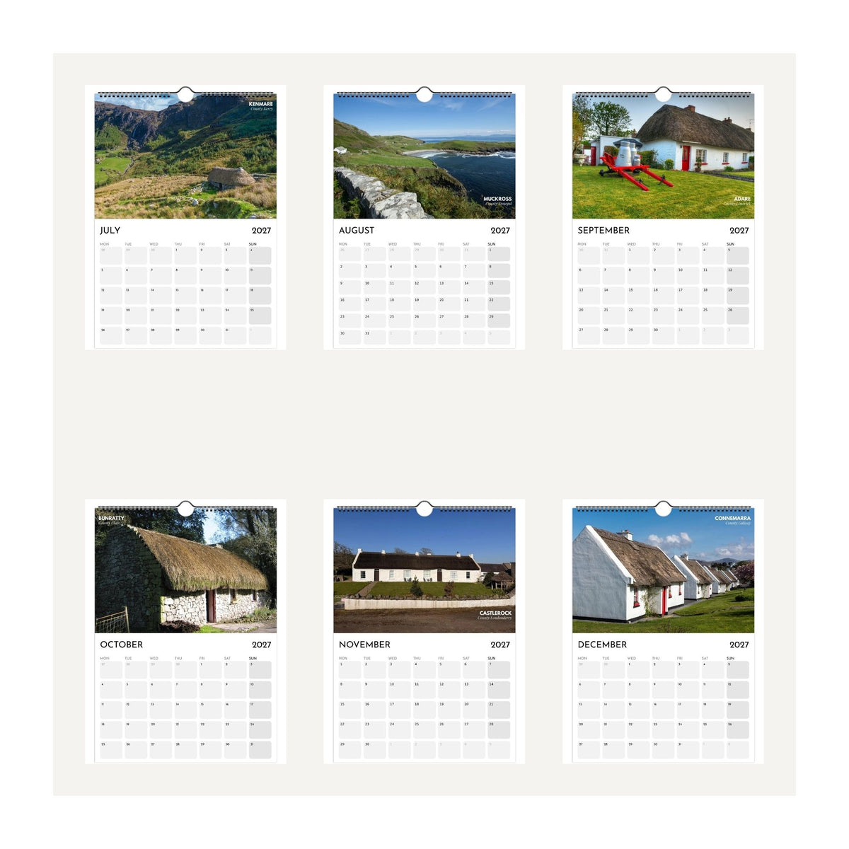 Irish Cottages Calendar 2027 July to December pages featuring traditional Irish cottages in Kenmare, Muckross, Adare, Bunratty, Castlerock and Connemara.