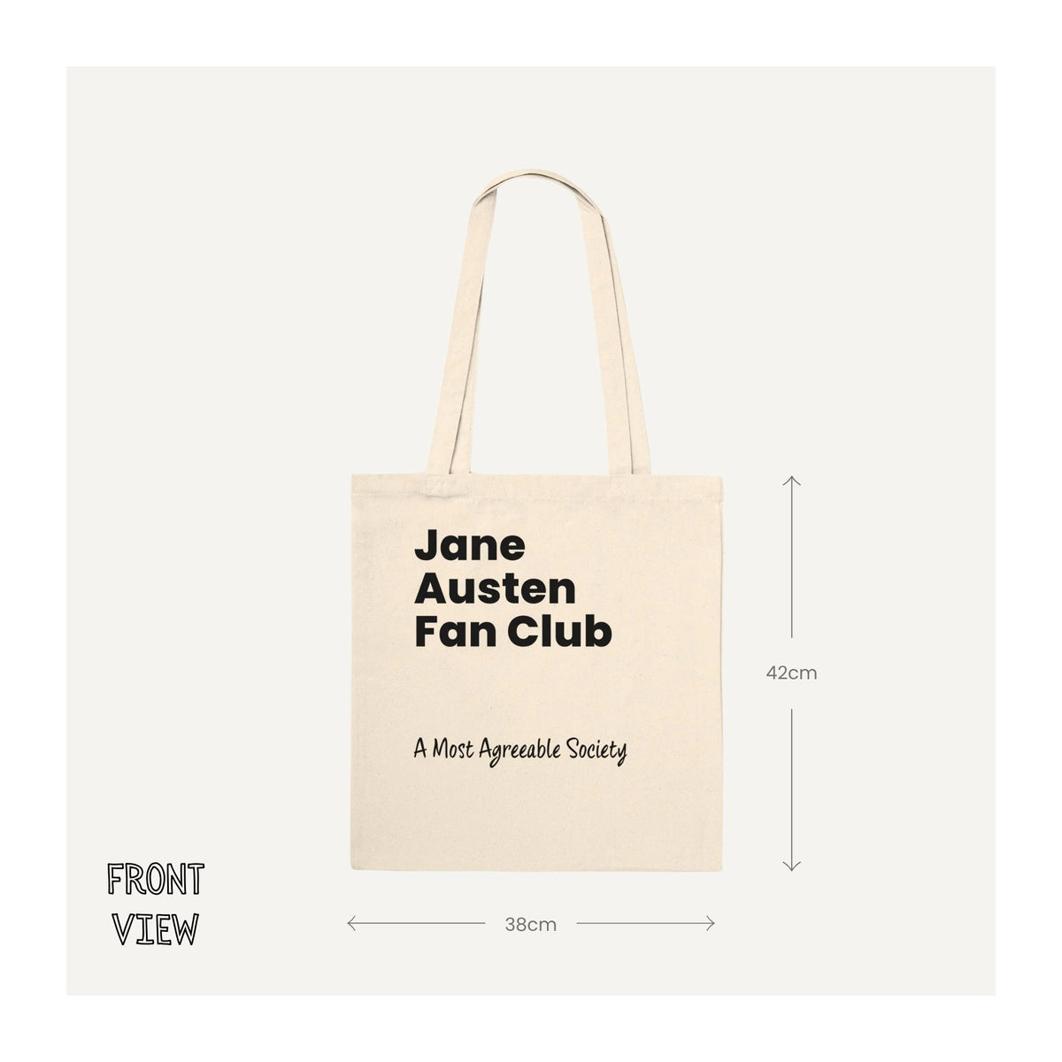 Natural Jane Austen Fan Club tote bag with black lettering, measuring 38 cm wide by 42 cm high.
