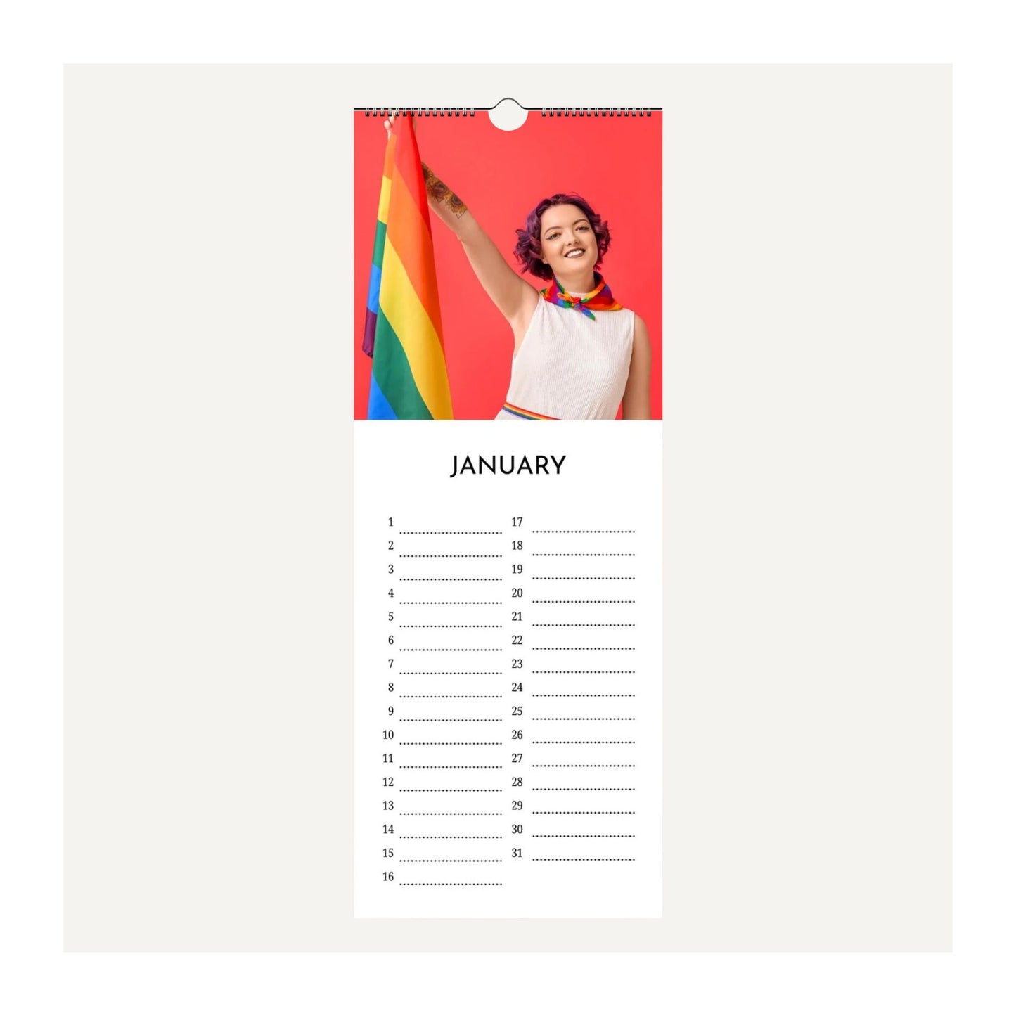 Love Diversity and Pride Flags Birthday Calendar with a person holding a rainbow flag and the word 'January' on a white background