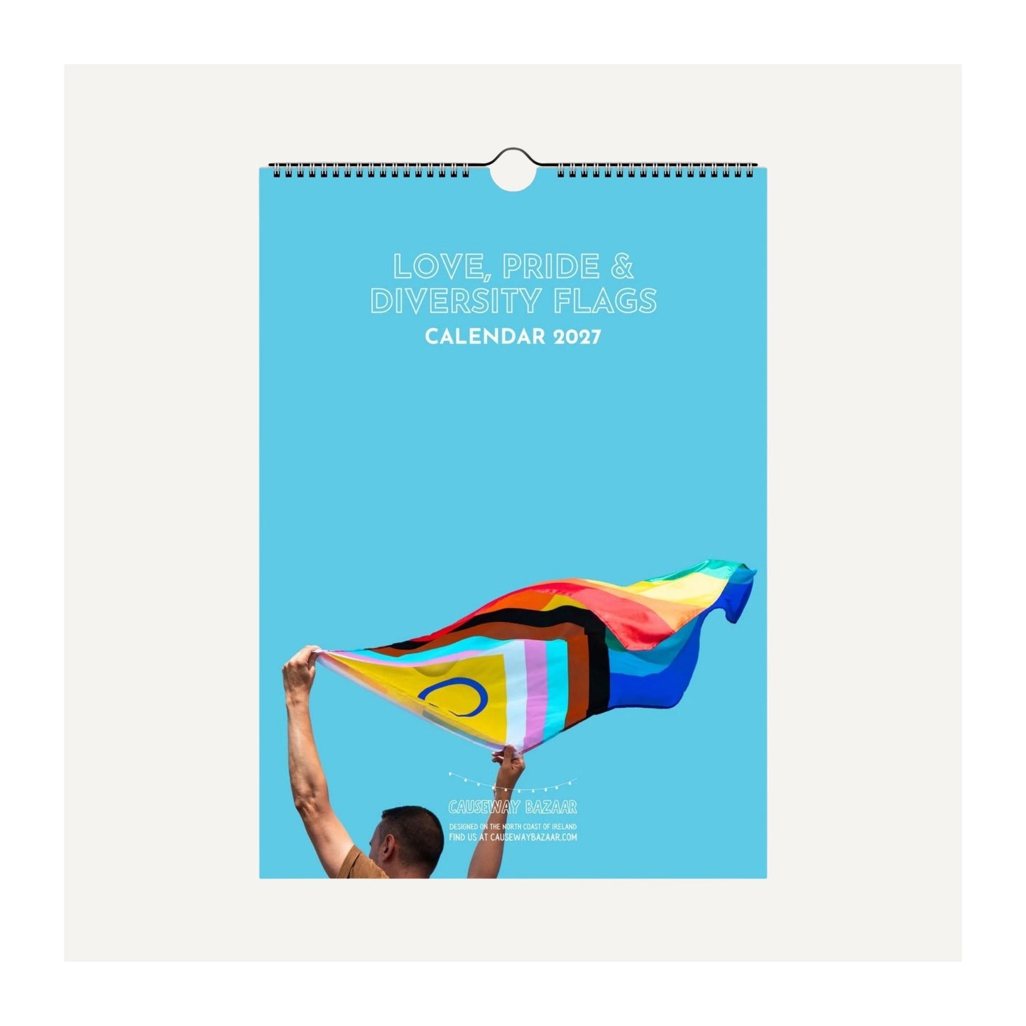 A 2027 wall calendar titled 'LOVE, PRIDE & DIVERSITY FLAGS CALENDAR 2027' featuring a bright blue cover with an illustration of a person holding a rainbow pride flag. The calendar is shown hanging against a light beige background.