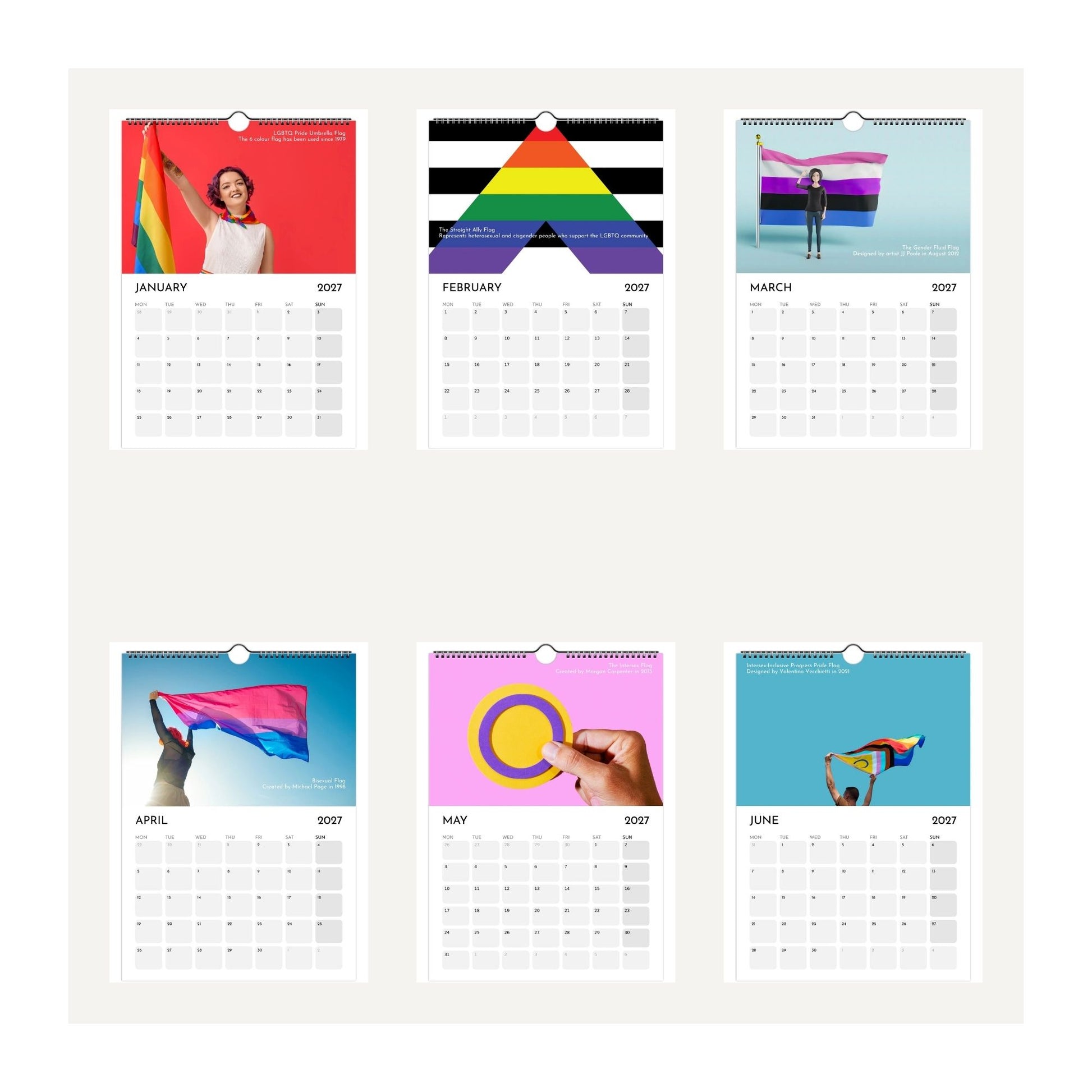Six thumbnail images taken depicting pages from a Love, Pride and Diversity Flags calendar 2027. Displayed on a light beige background, featuring pride-themed illustrations and monthly grids from January to June 2027.