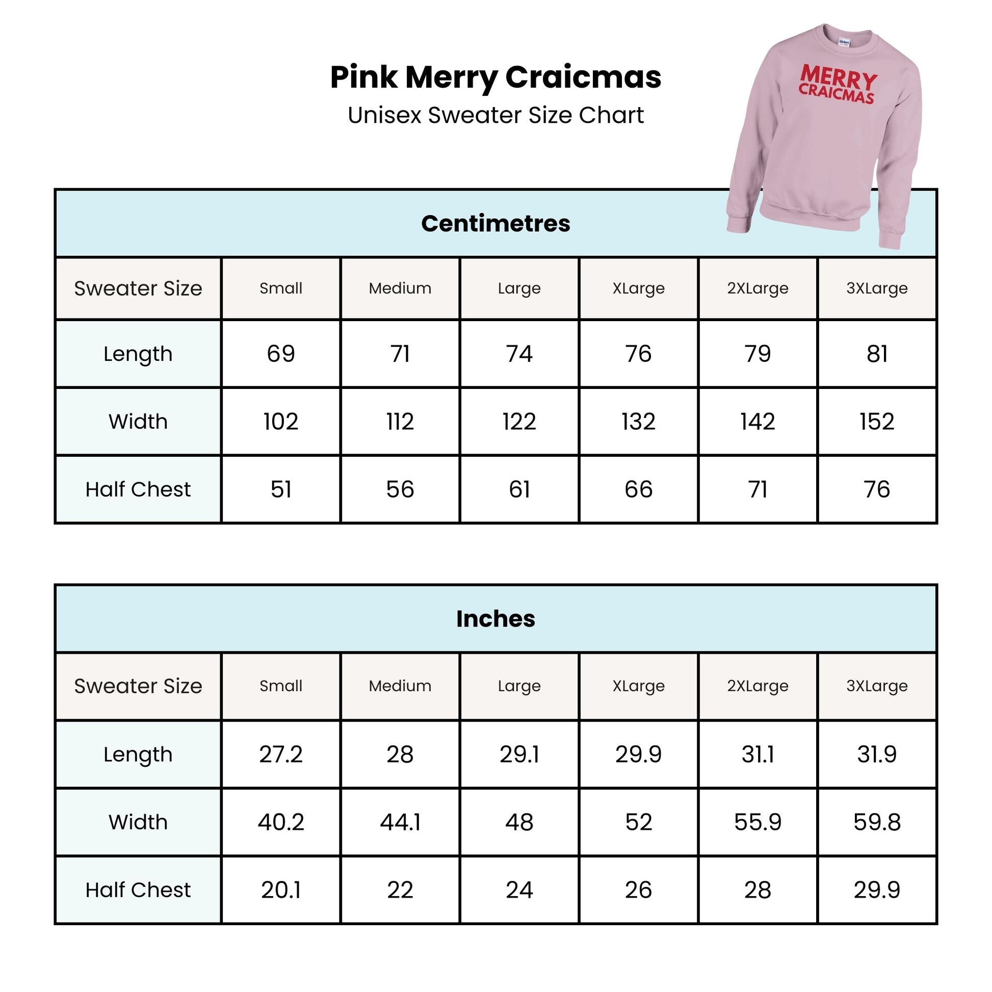 Pink 'Merry Craicmas' sweater size chart with measurements in centimeters and inches.