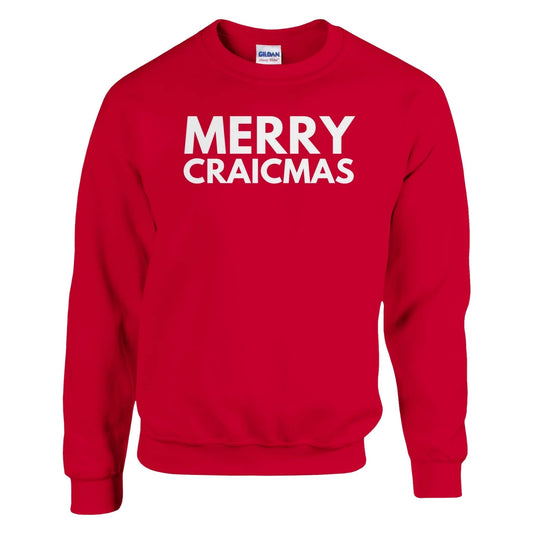 Red sweatshirt with 'MERRY CRAICMAS' white text on a white background