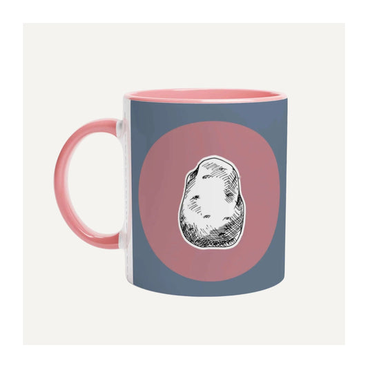 Pride and Prejudice Mug - Jane Austen inspired mug with pink interior, blue exterior, and potato illustration