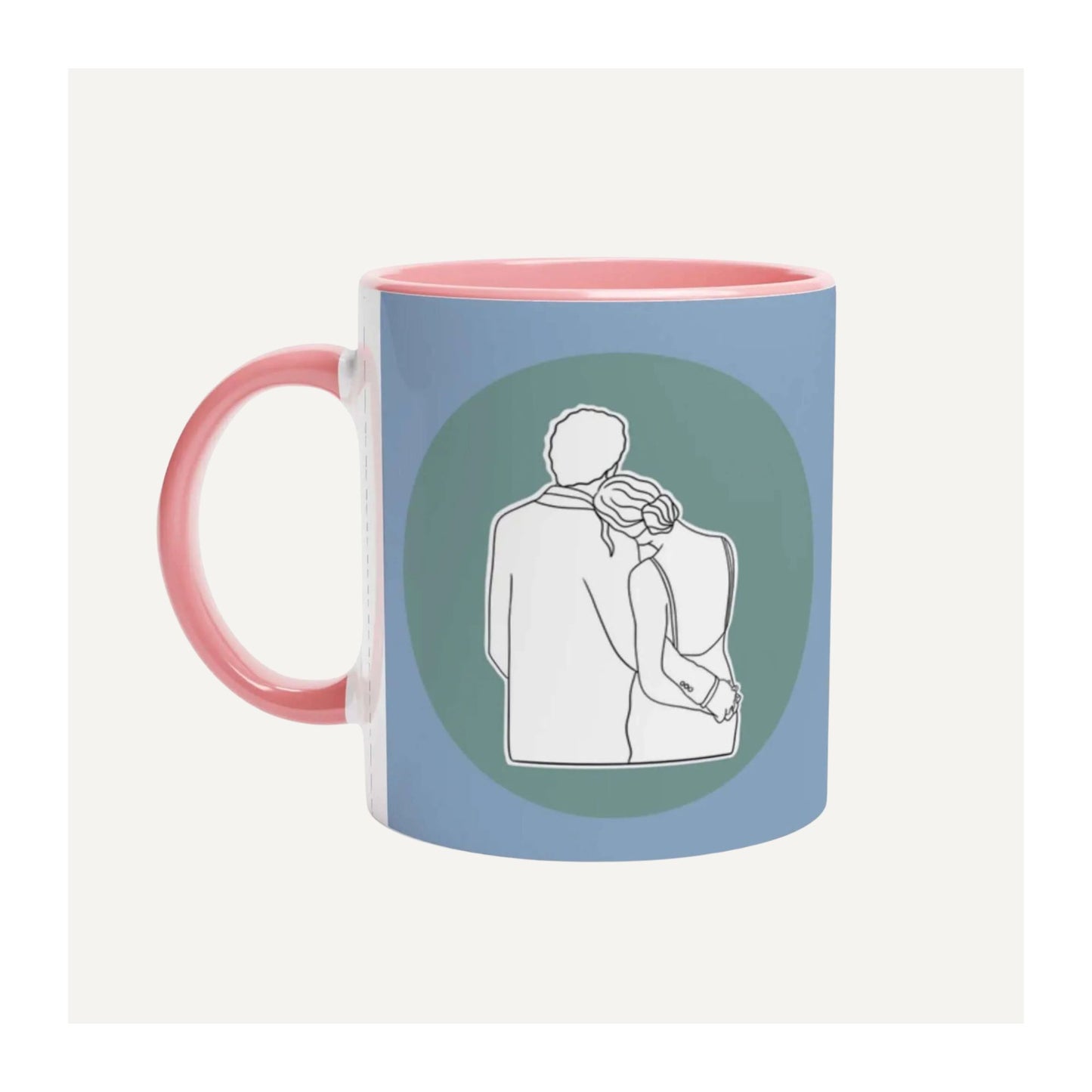 Jane Austen mug with a design of Mr Darcy and Elizabeth embracing on a blue background with a pink interior.