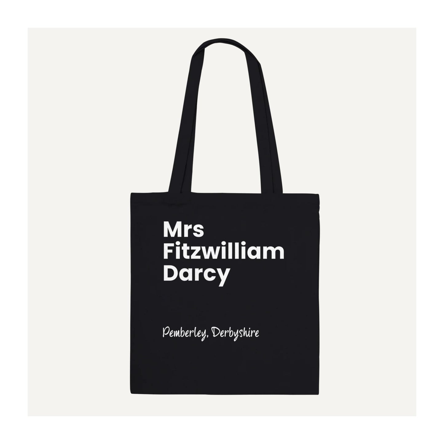 Black Mrs Fitzwilliam Darcy tote bag with white Pemberley, Derbyshire design, a literary gift for Pride and Prejudice and Jane Austen fans.