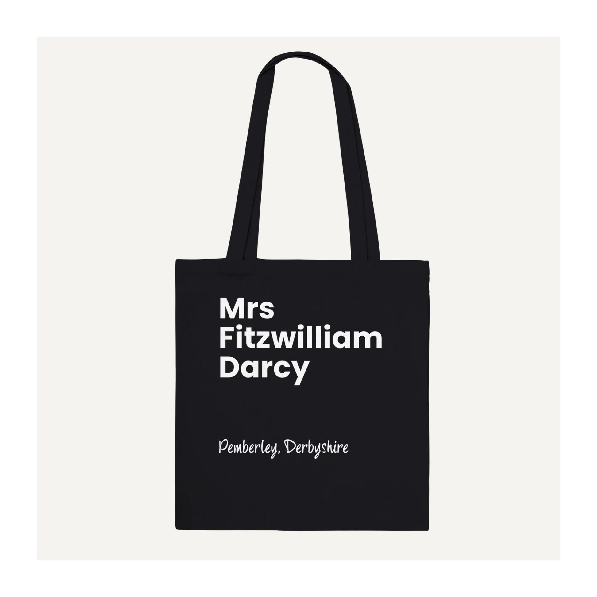 Black Mrs Fitzwilliam Darcy tote bag with white Pemberley, Derbyshire design, a literary gift for Pride and Prejudice and Jane Austen fans.