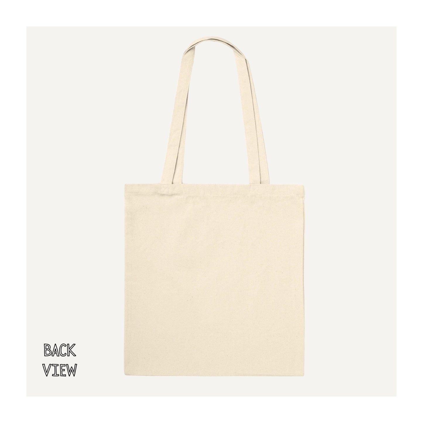 Back view of the natural Mrs Fitzwilliam Darcy premium cotton tote bag showing the plain unprinted reverse and long shoulder handles.