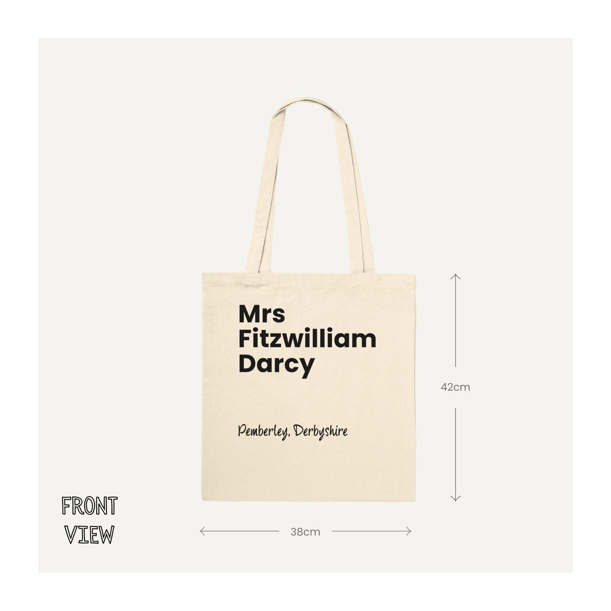 Mrs Fitzwilliam Darcy natural cotton tote bag front view showing black Pemberley, Derbyshire design and 38 x 42 cm bag dimensions.