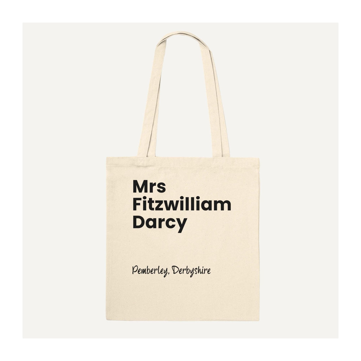 Natural Mrs Fitzwilliam Darcy tote bag with black Pemberley, Derbyshire design, a literary gift for Pride and Prejudice and Jane Austen fans.