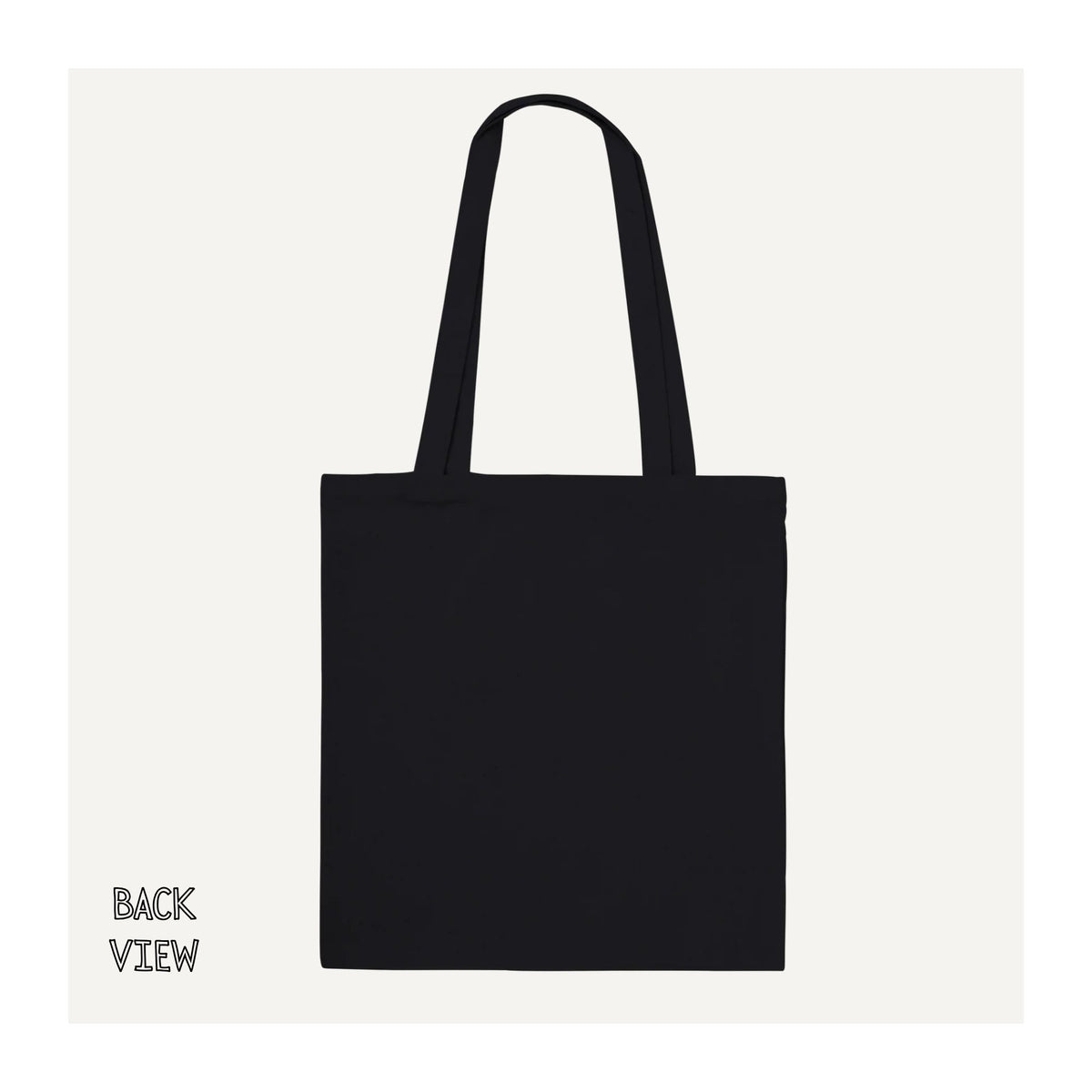 Plain back view of a black cotton tote bag with long matching shoulder handles and an unprinted reverse. Jane Austen-inspired Mrs George Knightley literary tote.