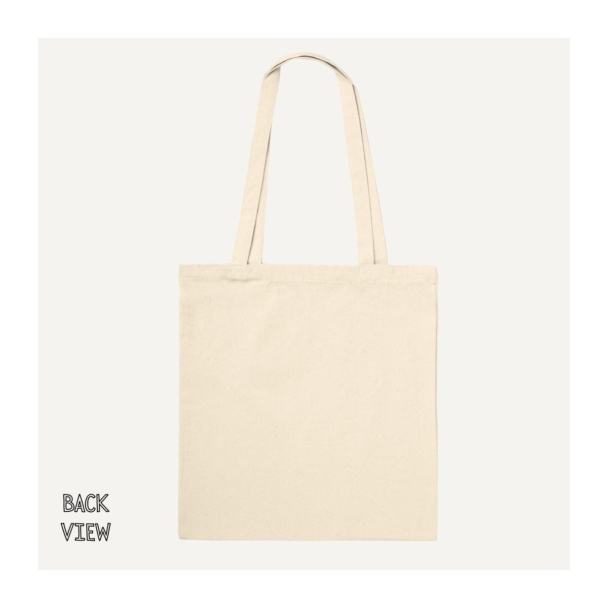 Plain back view of a natural cotton tote bag with long shoulder handles and an unprinted reverse. Jane Austen-inspired Mrs George Knightley literary tote.