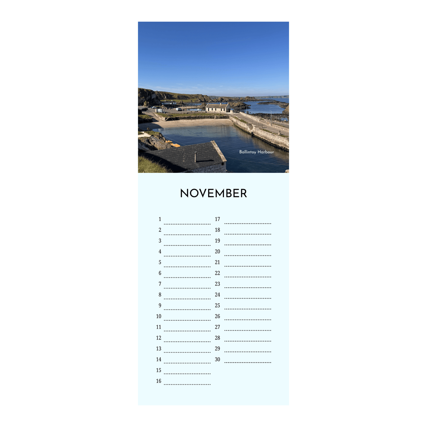 North Coast vertical birthday calendar with scenic images of the North Coast of Northern Ireland for each month on a white background (Ballintoy)