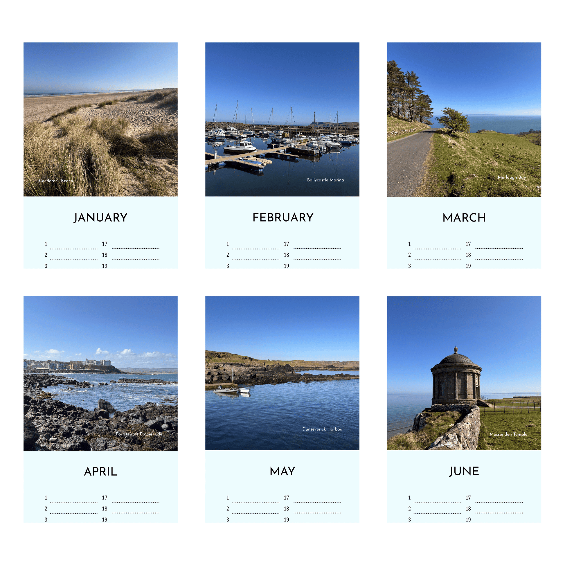 North Coast vertical birthday calendar with scenic images of the North Coast of Northern Ireland for each month on a white background