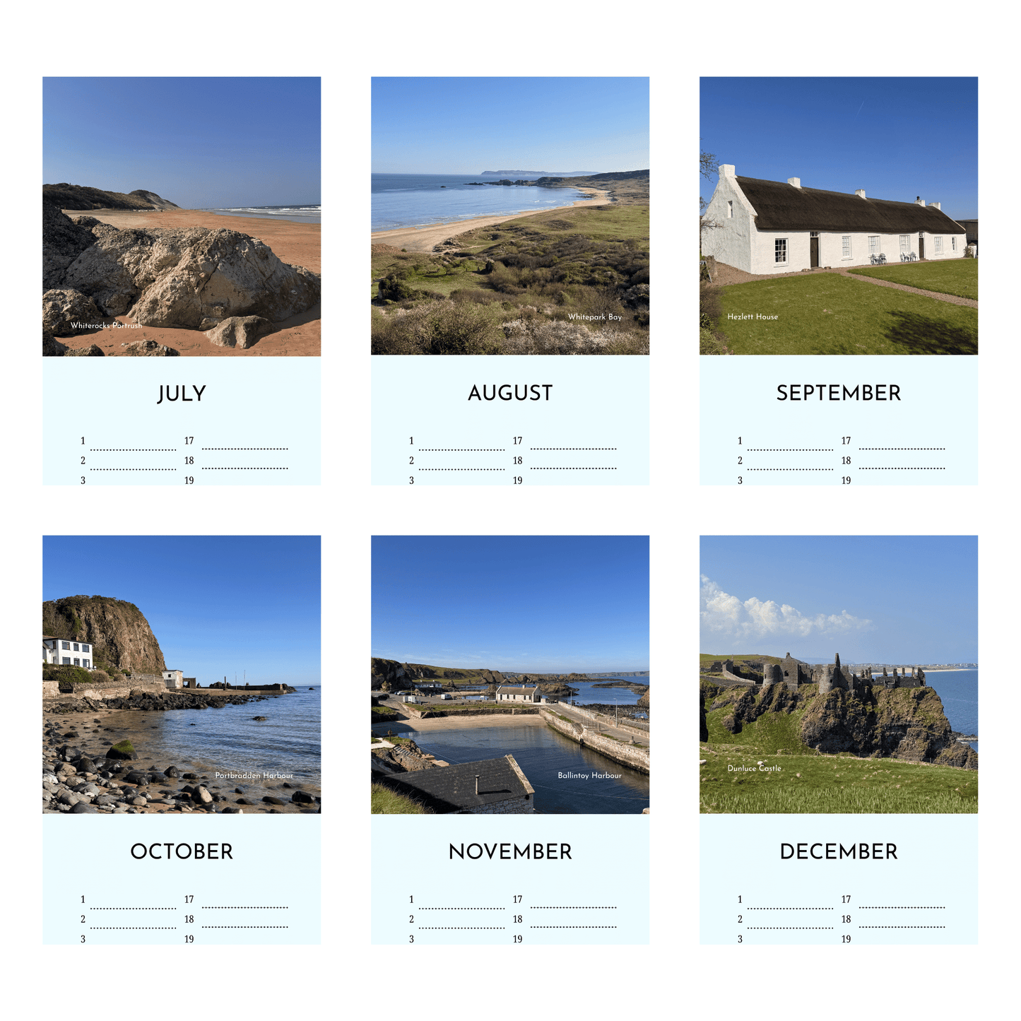 North Coast vertical birthday calendar with scenic images of the North Coast of Northern Ireland for each month on a white background