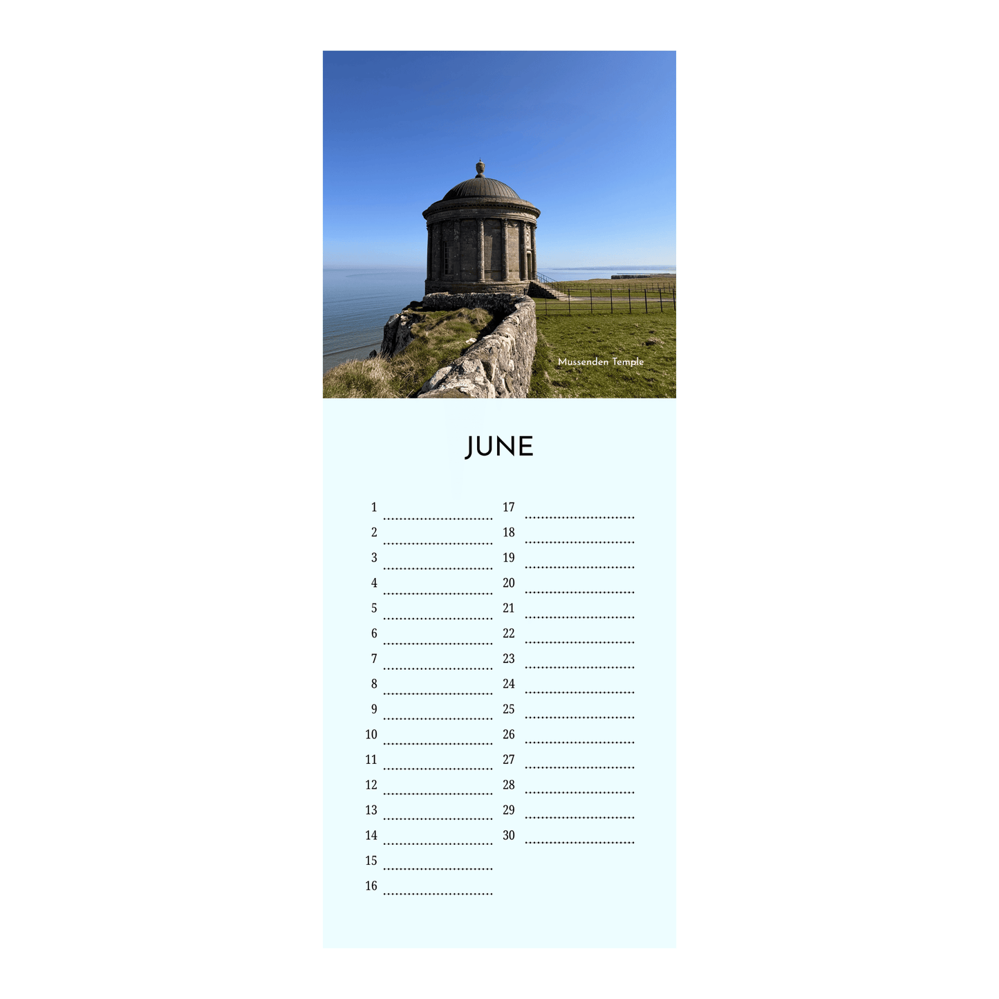 North Coast vertical birthday calendar with scenic images of the North Coast of Northern Ireland for each month on a white background (Mussenden Temple)