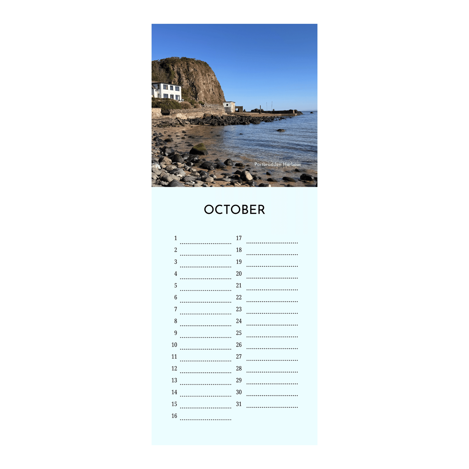 North Coast vertical birthday calendar with scenic images of the North Coast of Northern Ireland for each month on a white background (Portbradden Harbour)