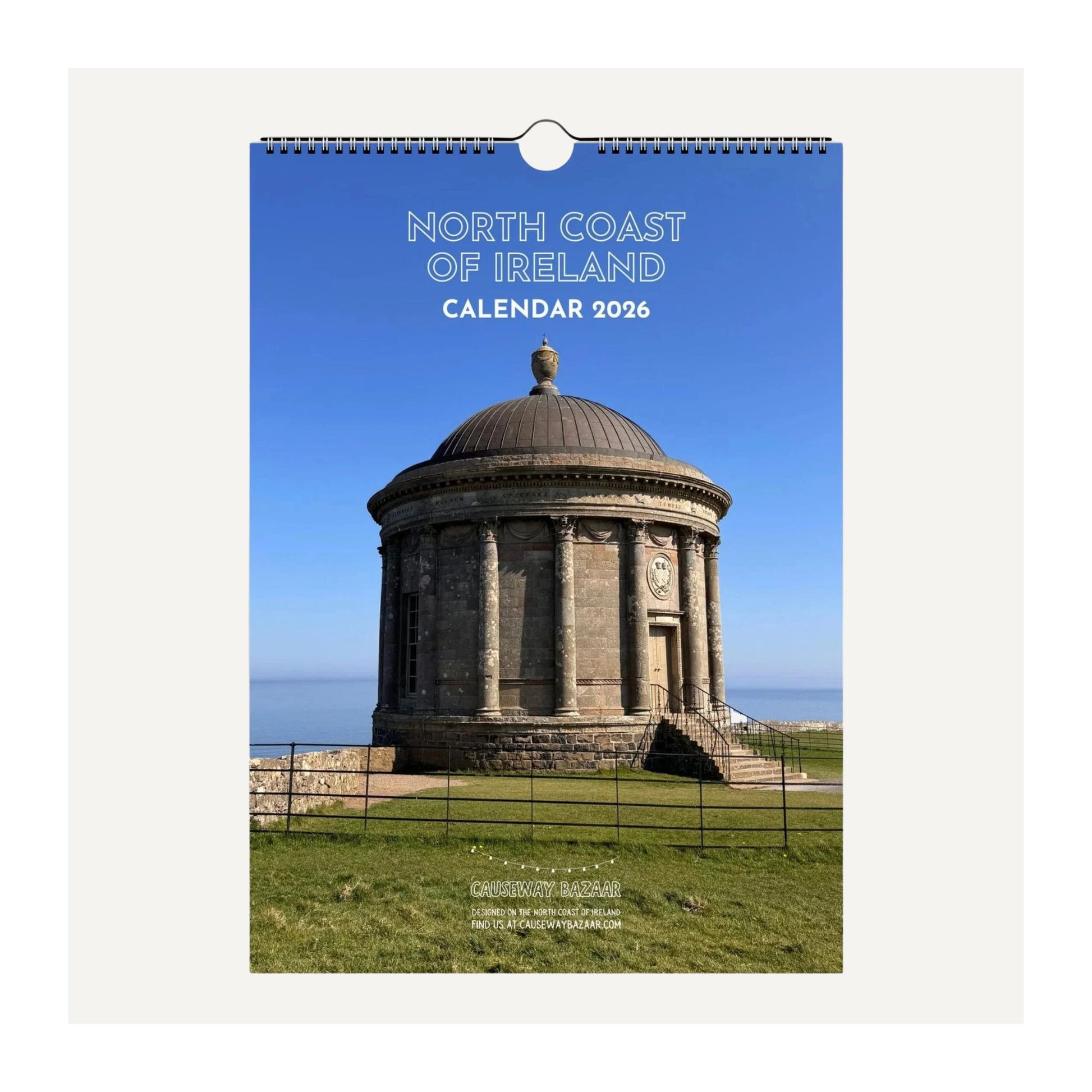 Full calendar cover for North Coast of Ireland featuring Mussenden Temple against a blue sky.