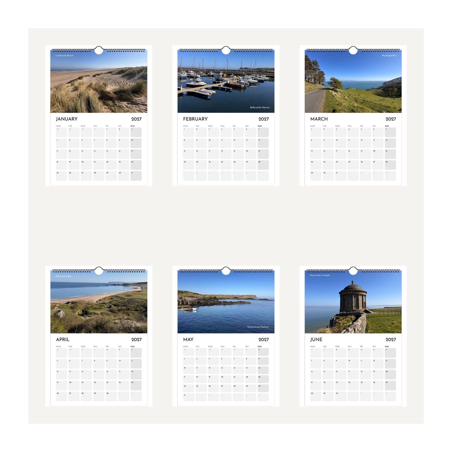 Thumbnail images of months January to June 2027 of the North Coast of Northern Ireland wall calendar featuring coastal and landscape photographs for each month from January 2027 to June 2027.