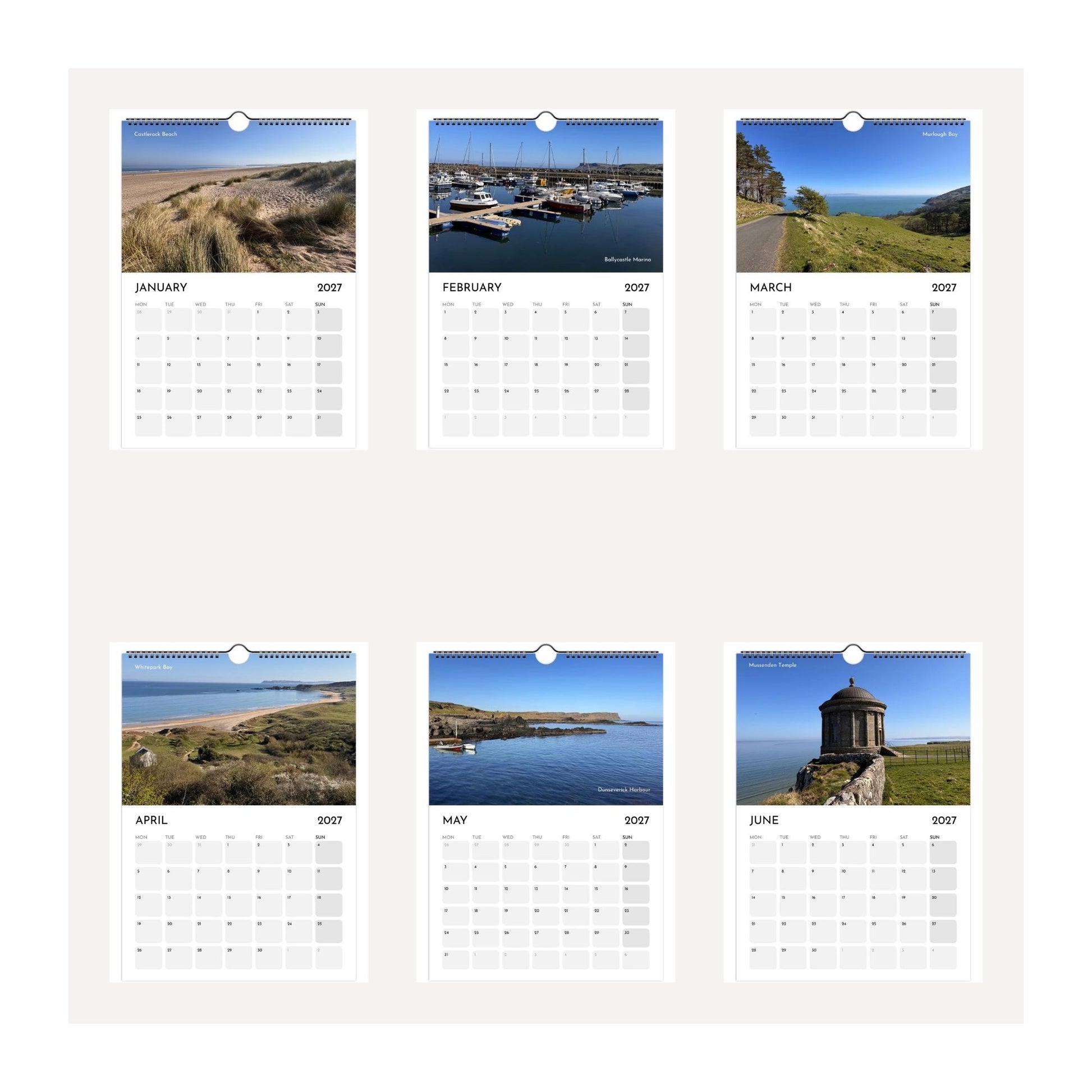 Thumbnail images of months January to June 2027 of the North Coast of Northern Ireland wall calendar featuring coastal and landscape photographs for each month from January 2027 to June 2027.