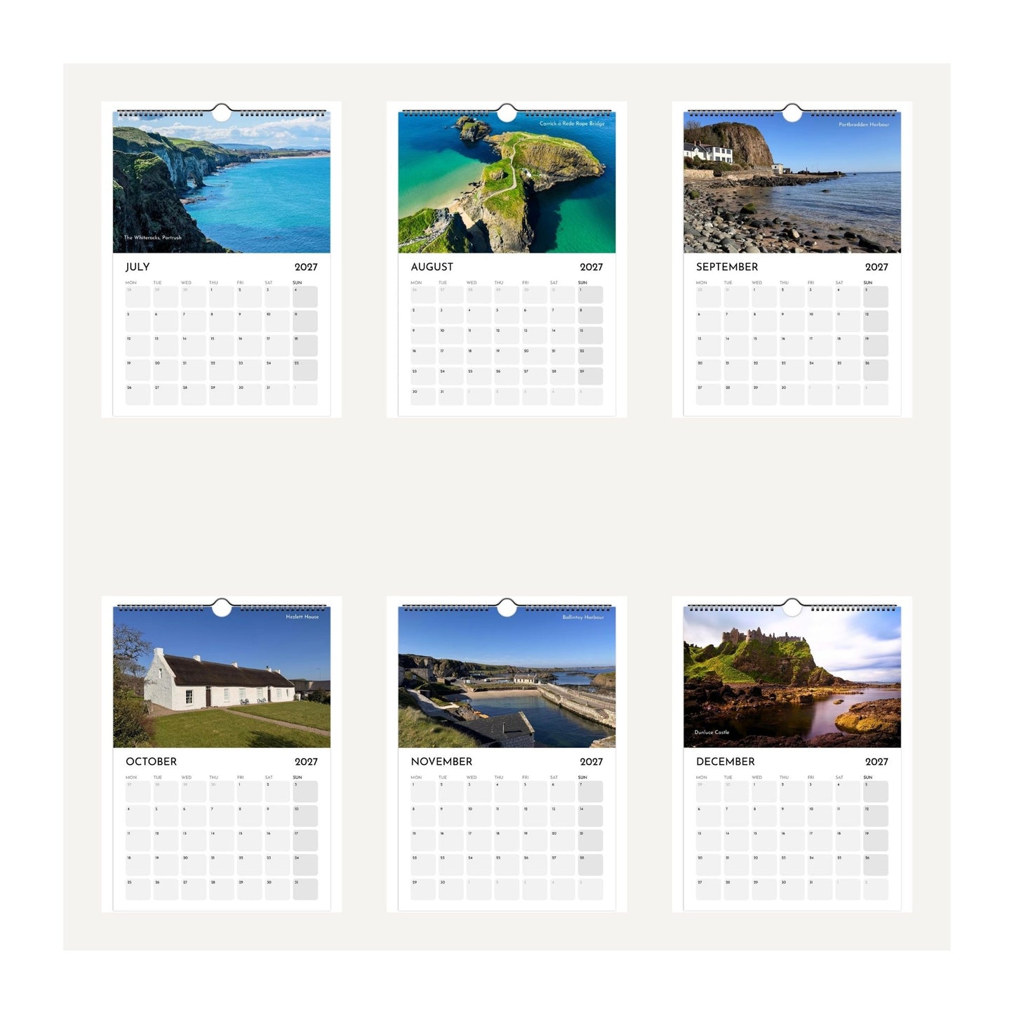 Thumbnail images of months July to December 2027 of the North Coast of Northern Ireland wall calendar featuring coastal and landscape photographs for each month from July 2027 to December 2027.
