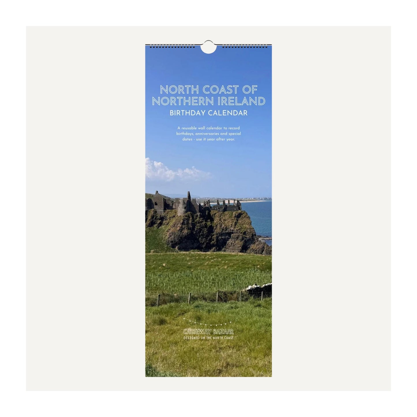North Coast of Northern Ireland Birthday Calendar front cover featuring Dunluce Castle