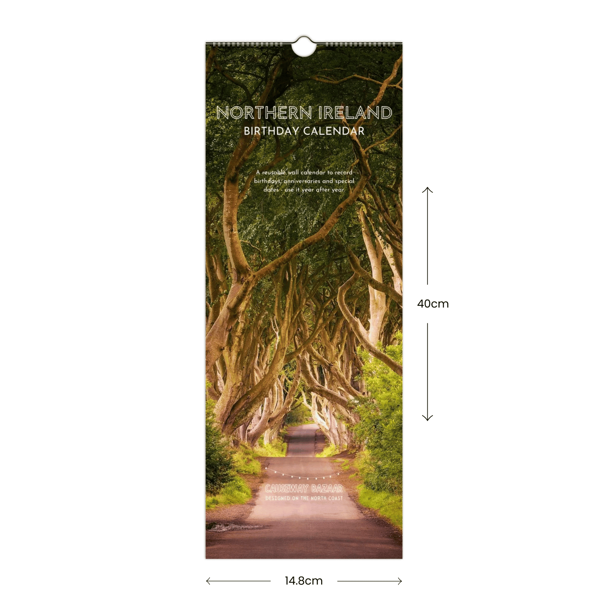 Northern Ireland Birthdays and Anniversary Calendar front cover with dimensions 