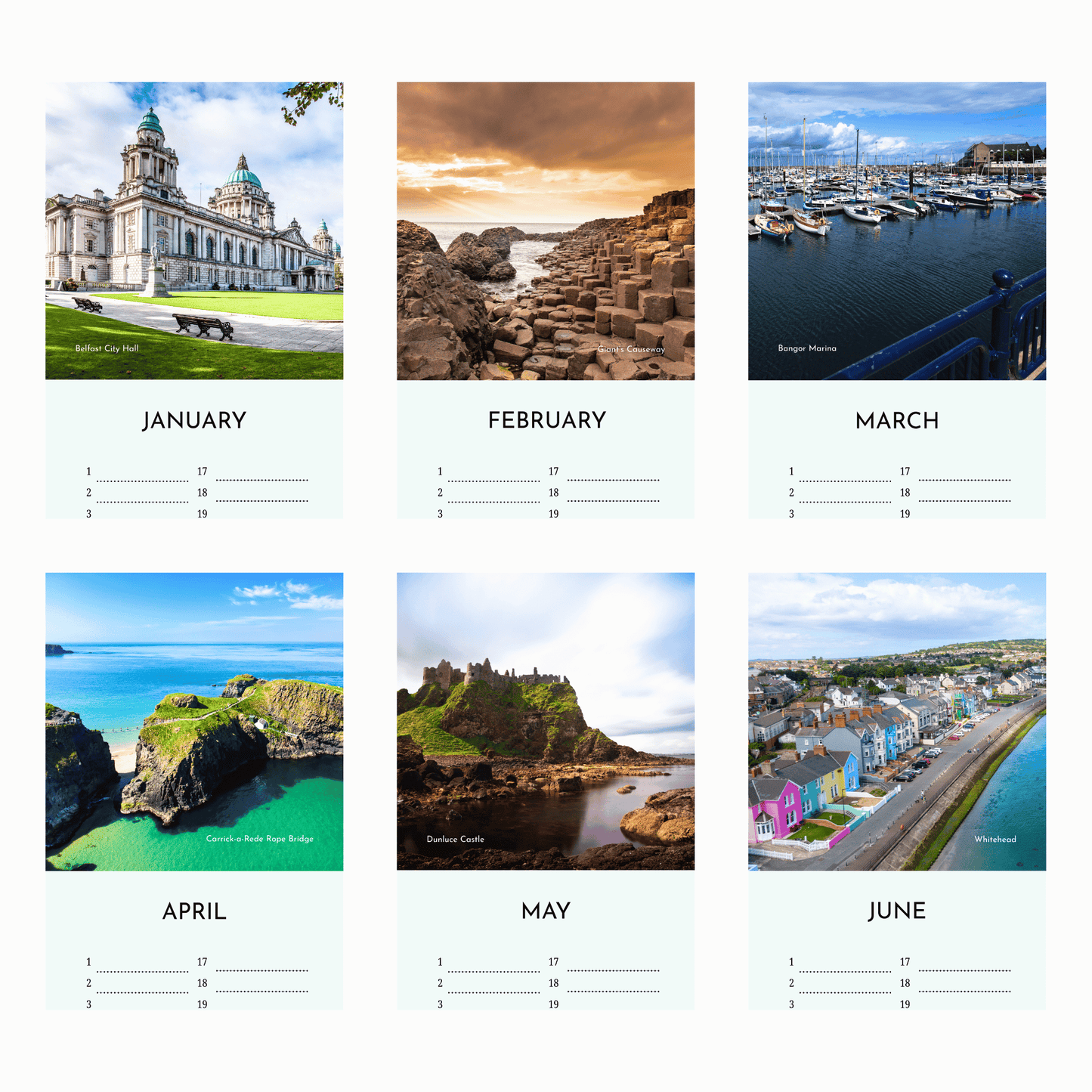 Northern Ireland Birthdays and Anniversary Calendar - Thumbnails of months January to June