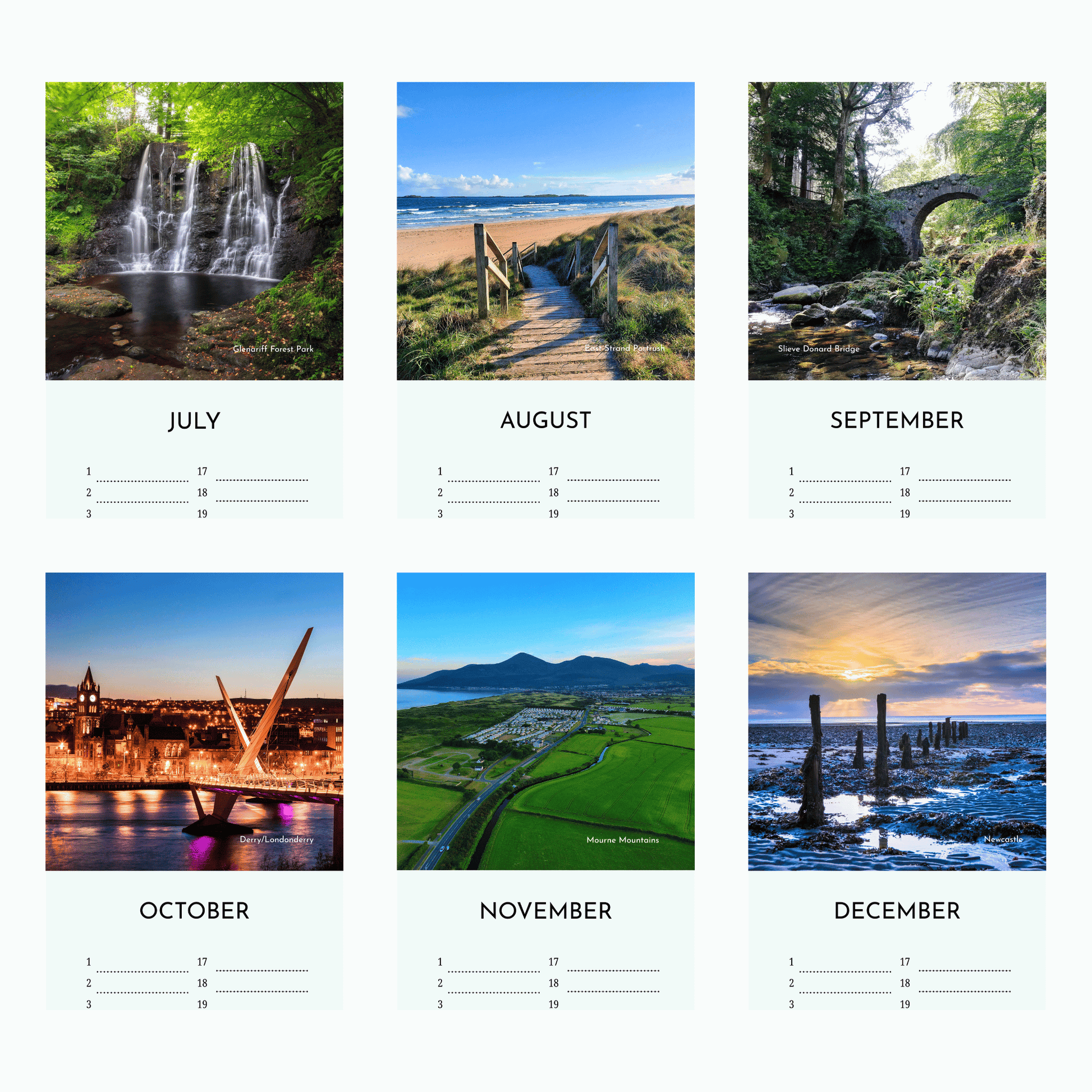 Northern Ireland Birthdays and Anniversary Calendar - Thumbnails of months July to December