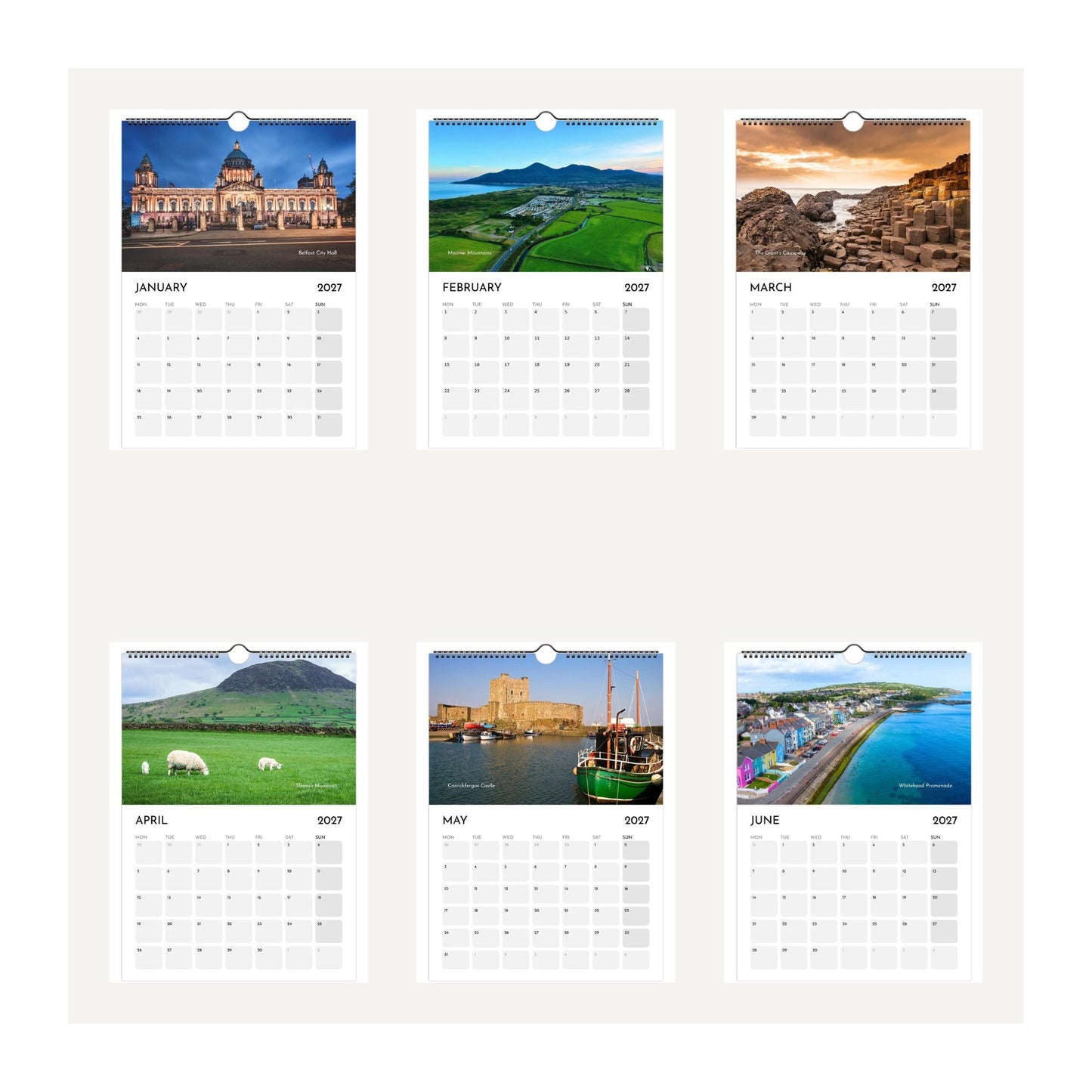Six-months of Northern Ireland  wall calendar thumbnail images displayed on a light beige background, featuring landscape and architectural photographs for each month from January 2027 to June 2027.