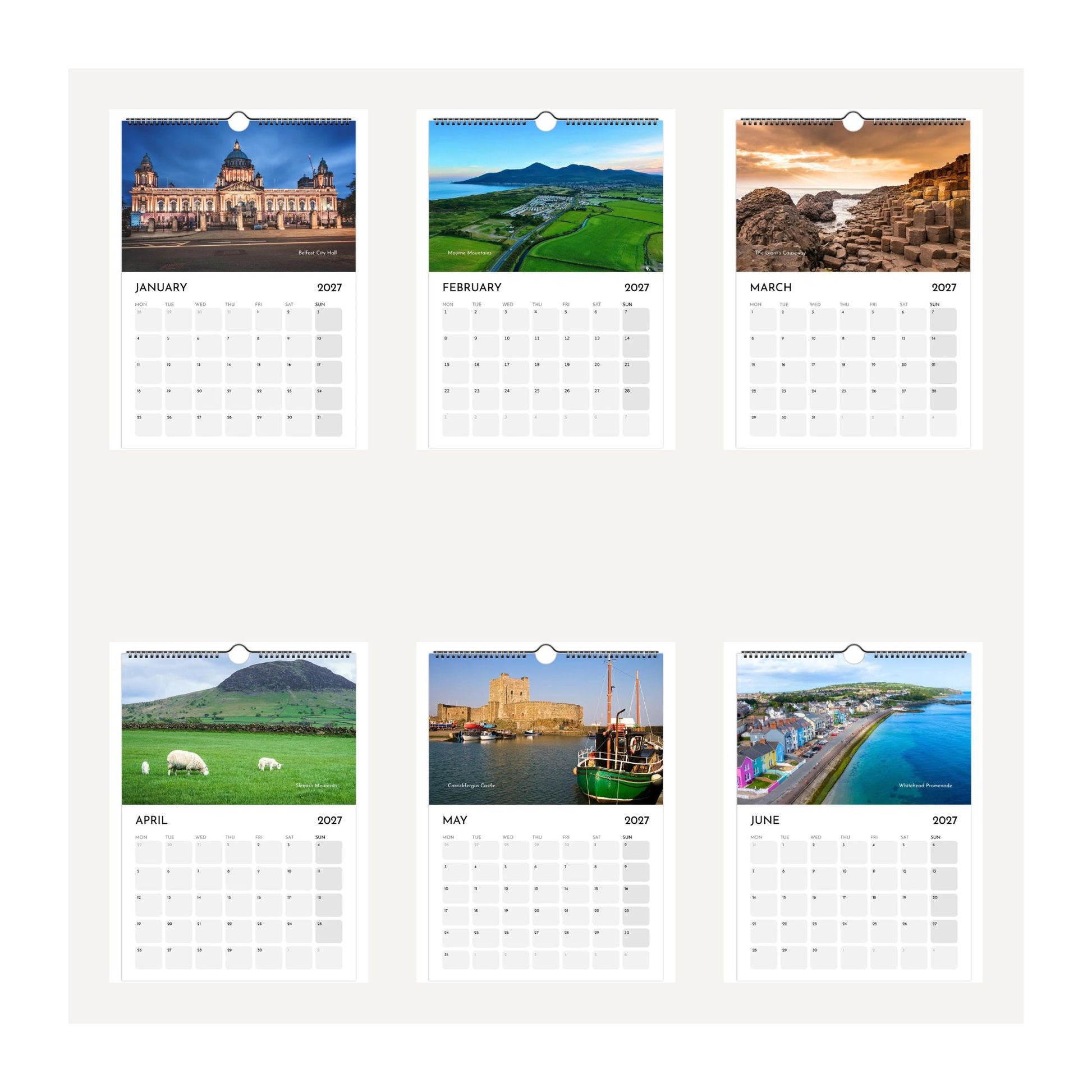Six-months of Northern Ireland  wall calendar thumbnail images displayed on a light beige background, featuring landscape and architectural photographs for each month from January 2027 to June 2027.