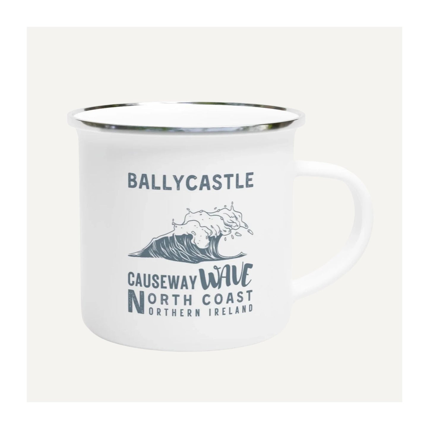 White mug with Ballycastle Causeway Wave North Coast Northern Ireland text and wave graphic on a white background