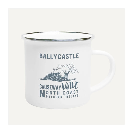 White mug with Ballycastle Causeway Wave North Coast Northern Ireland text and wave graphic on a white background