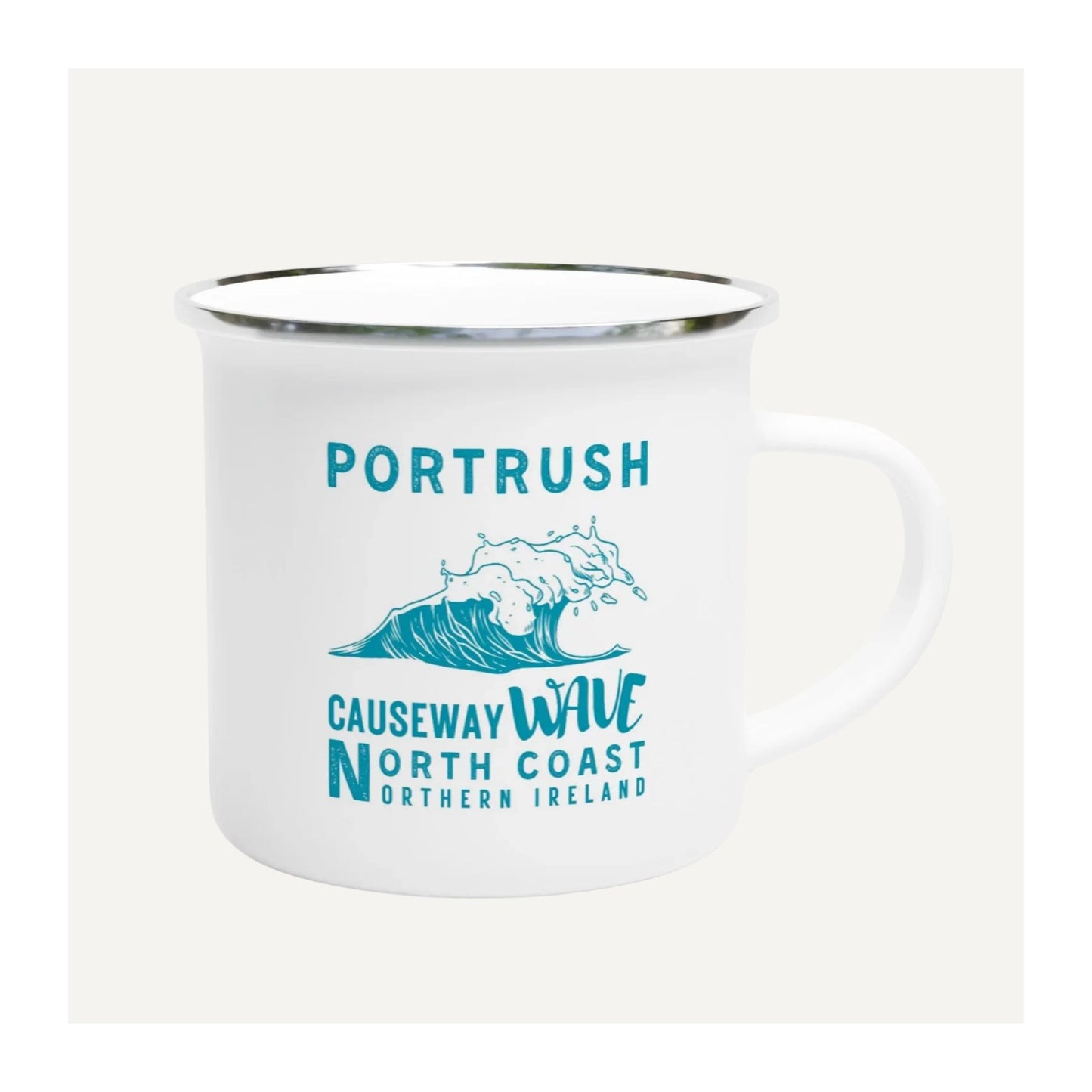 White mug with Portrush Causeway Wave North Coast Northern Ireland text and wave graphic on a white background