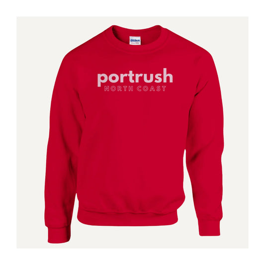 Northern Ireland Red sweatshirt with 'Portrush North Coast' in pink text 
