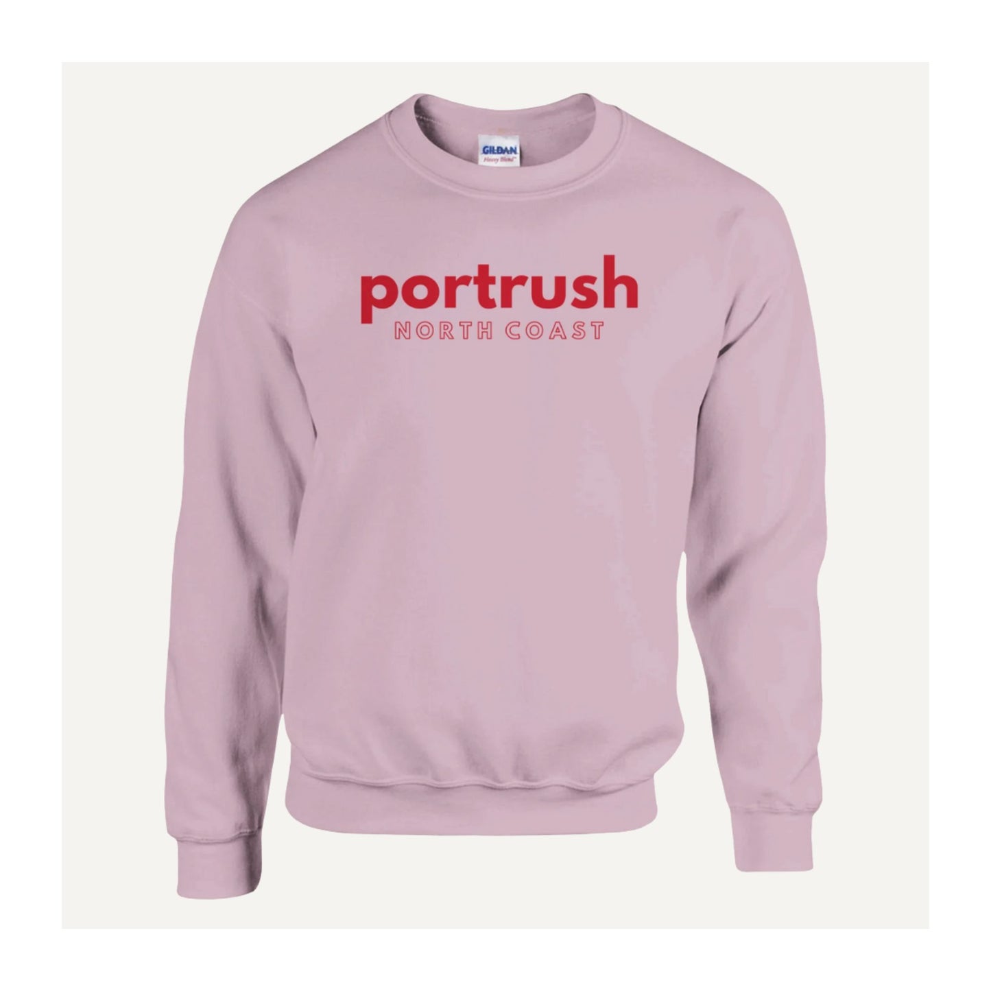 Northern Ireland Pink sweatshirt with 'Portrush North Coast' in red text 