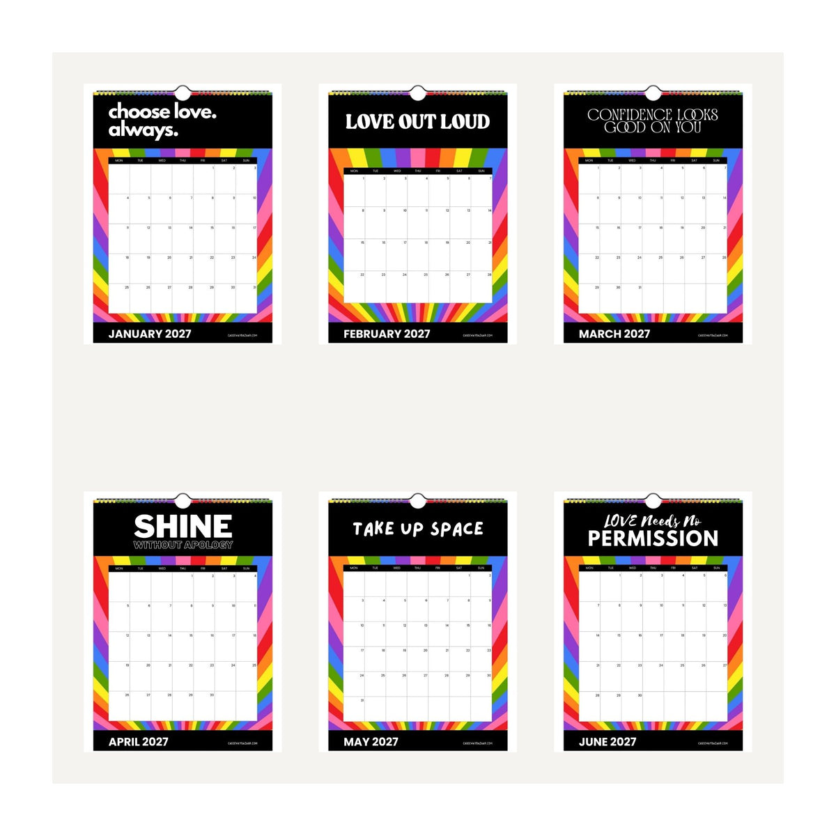 Positivity Calendar 2027 January to June pages featuring colourful designs and positive motivational quotes including Choose Love Always and Take Up Space.