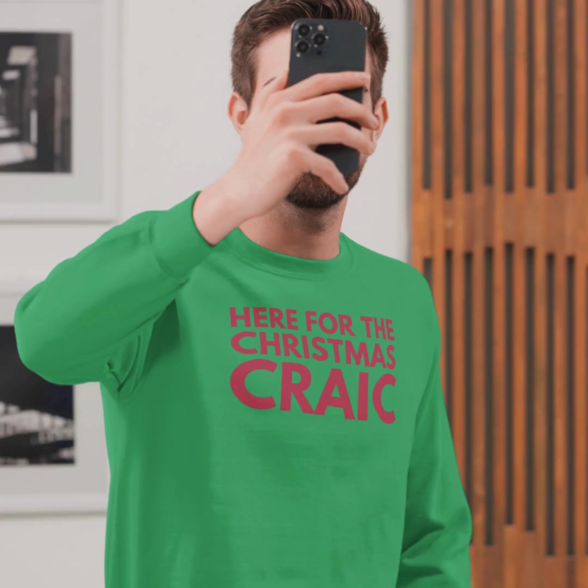 Green Irish sweater with Here for the Christmas Craic funny text