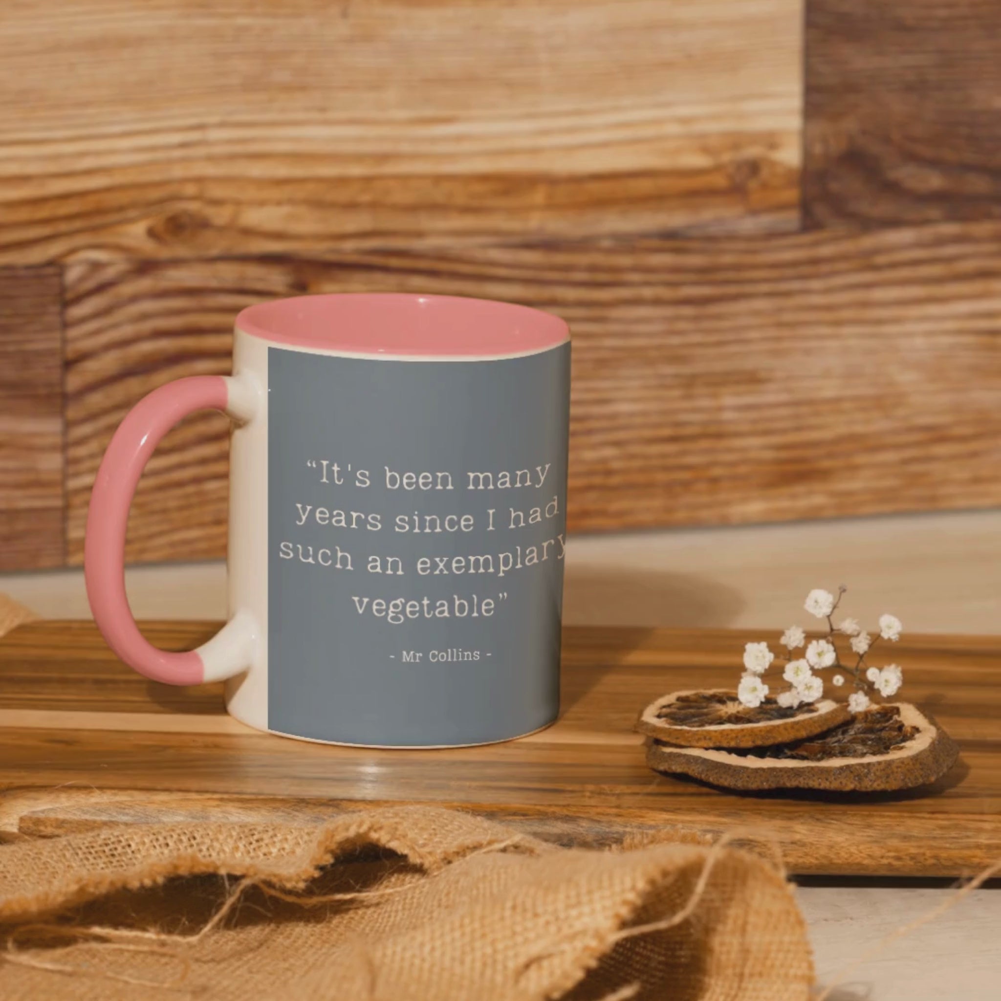 Pride and Prejudice inspired blue mug with pink interior and handle featuring a humorous quote by Mr. Collins.