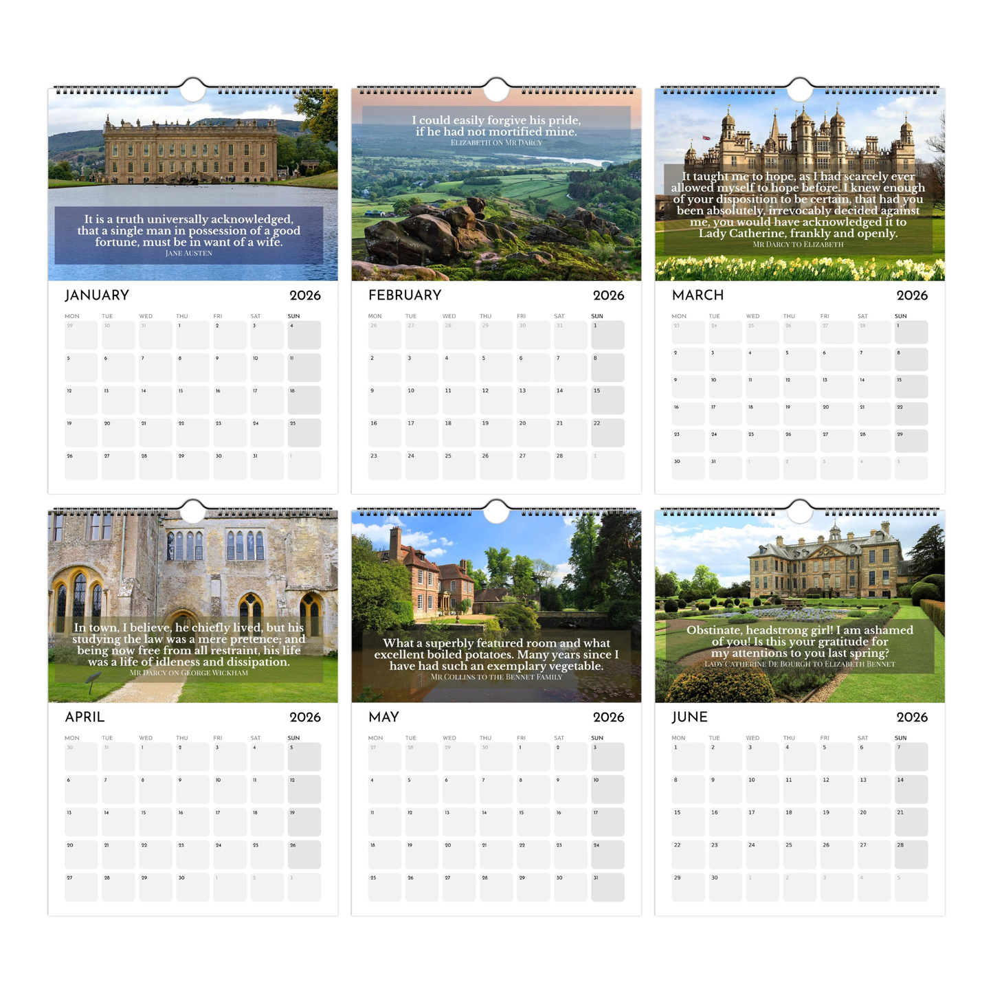 Pride and Prejudice Calendar 2026  Quotes January to June thumbnails